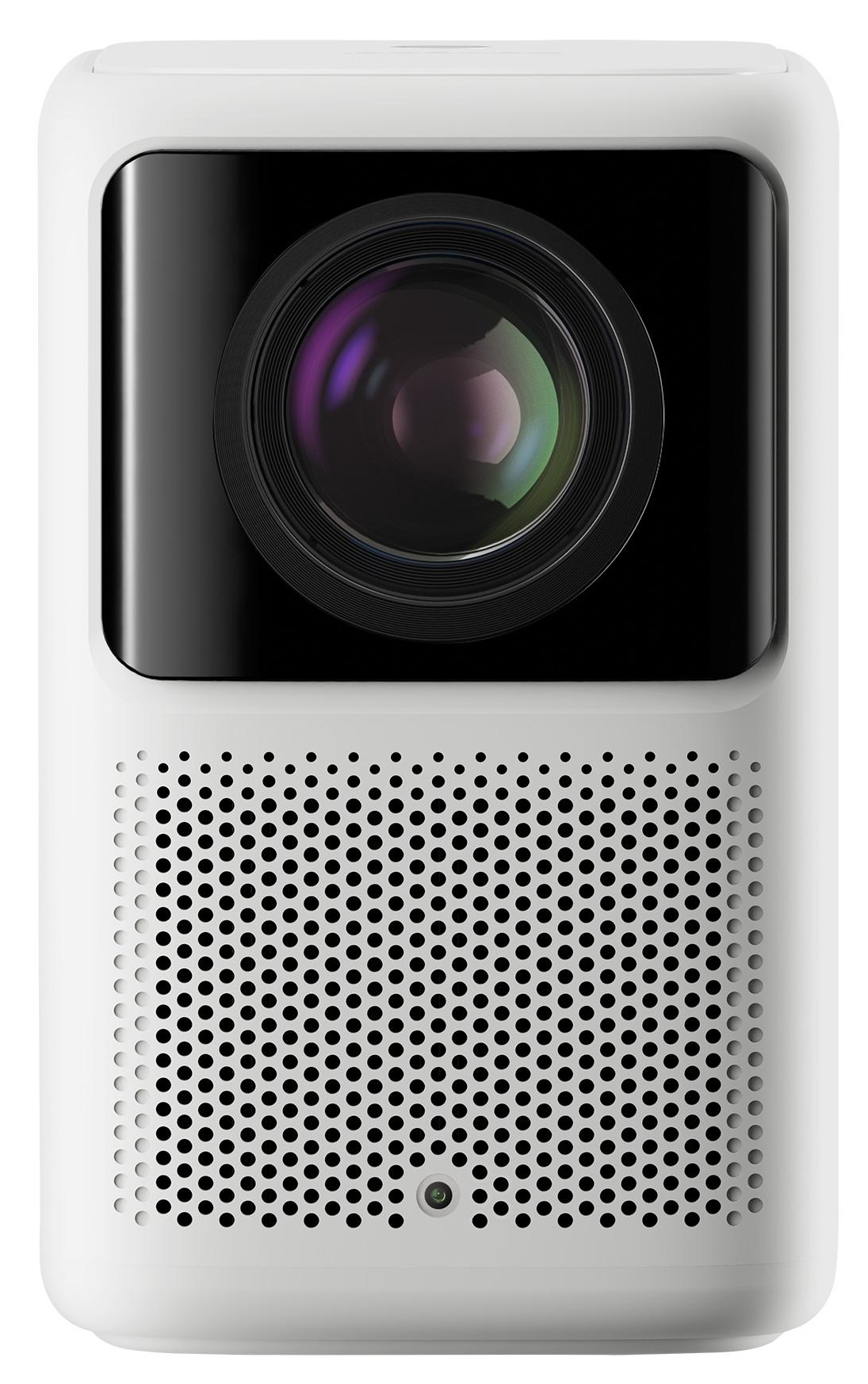 Biały projektor z czarną soczewką i otworami wentylacyjnymi. Soczewka ma widoczne wiele kolorów.