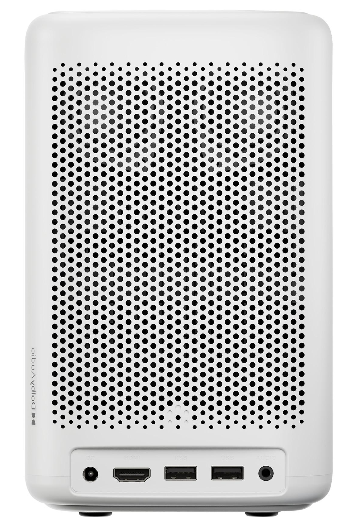 Białe, cylindryczne urządzenie z perforowanym przodem. Porty na dole.