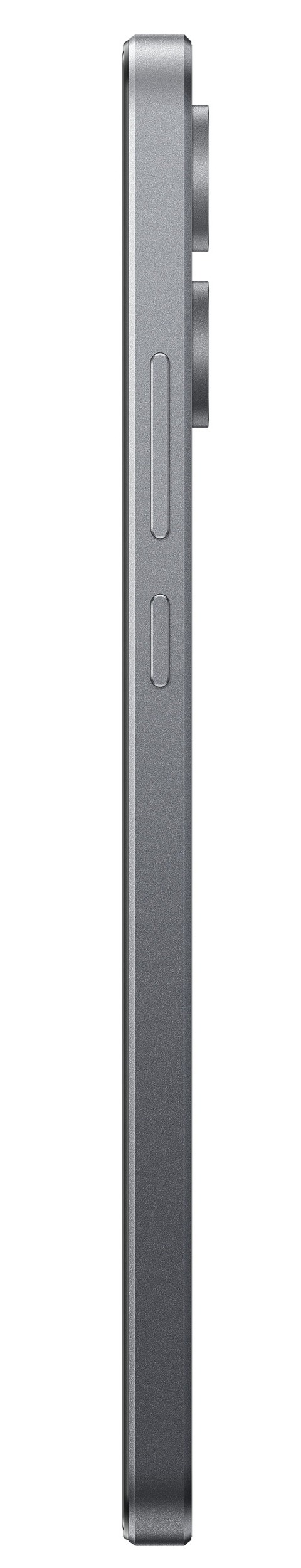 Widok z boku szarego telefonu z przyciskami. Telefon jest smukły i prostokątny.