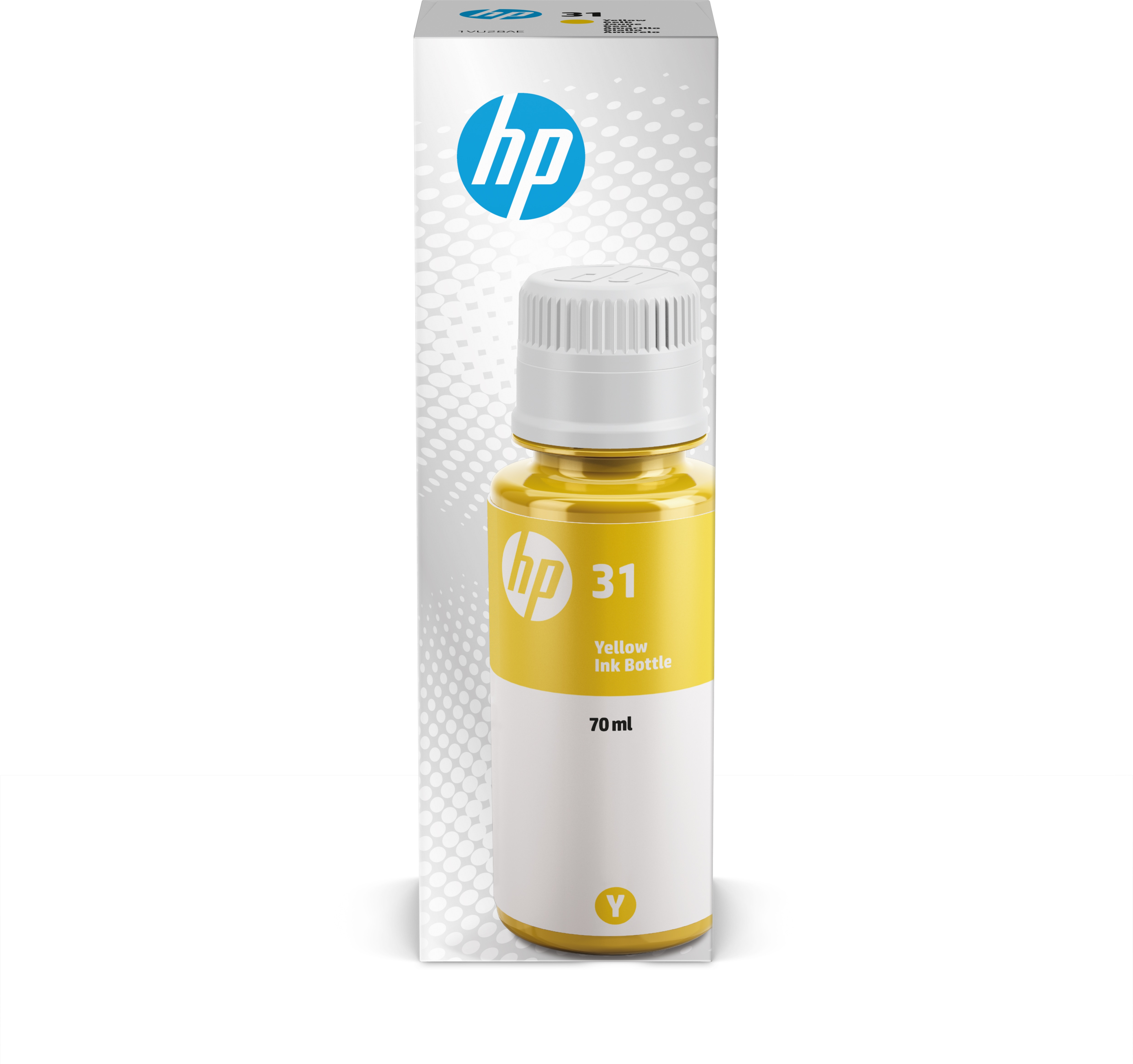 HP Tintenflasche, gelbe Flüssigkeit innen, weißer Deckel und Flasche. Box dahinter mit HP Logo.
