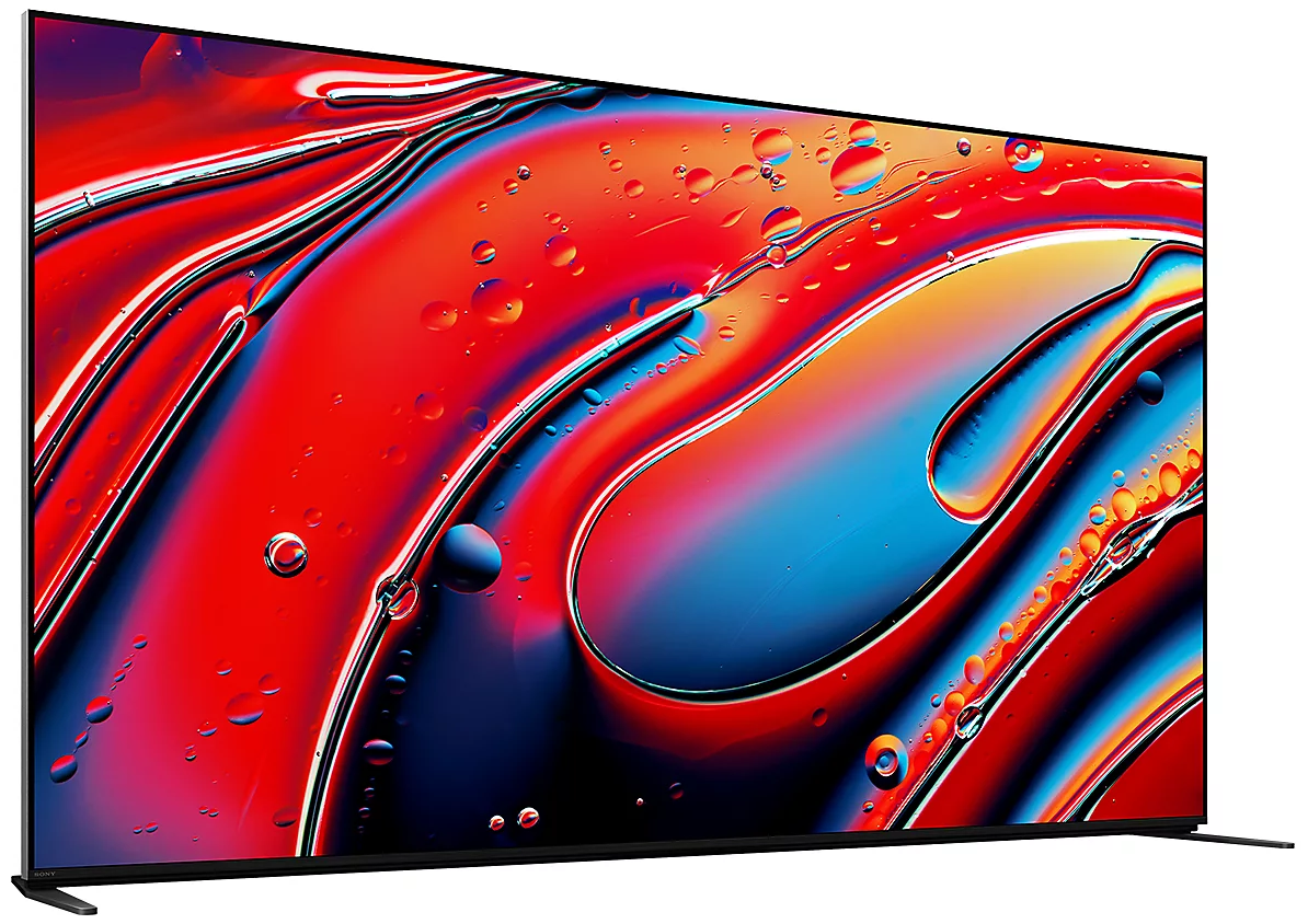 Duży ekran telewizora z kolorowymi, abstrakcyjnymi kształtami.