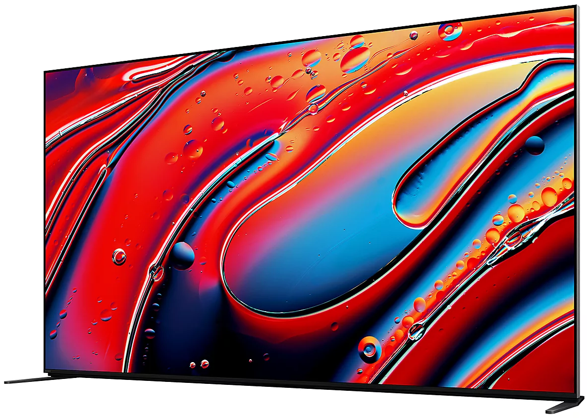 Duży ekran telewizora wyświetlający kolorowy abstrakcyjny obraz na białym tle.