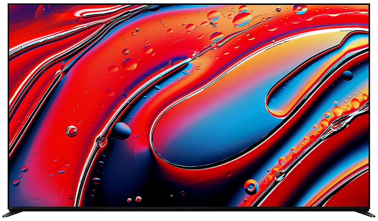 Ekran telewizora wyświetlający abstrakcyjny wzór w żywych kolorach czerwonym, niebieskim i żółtym.