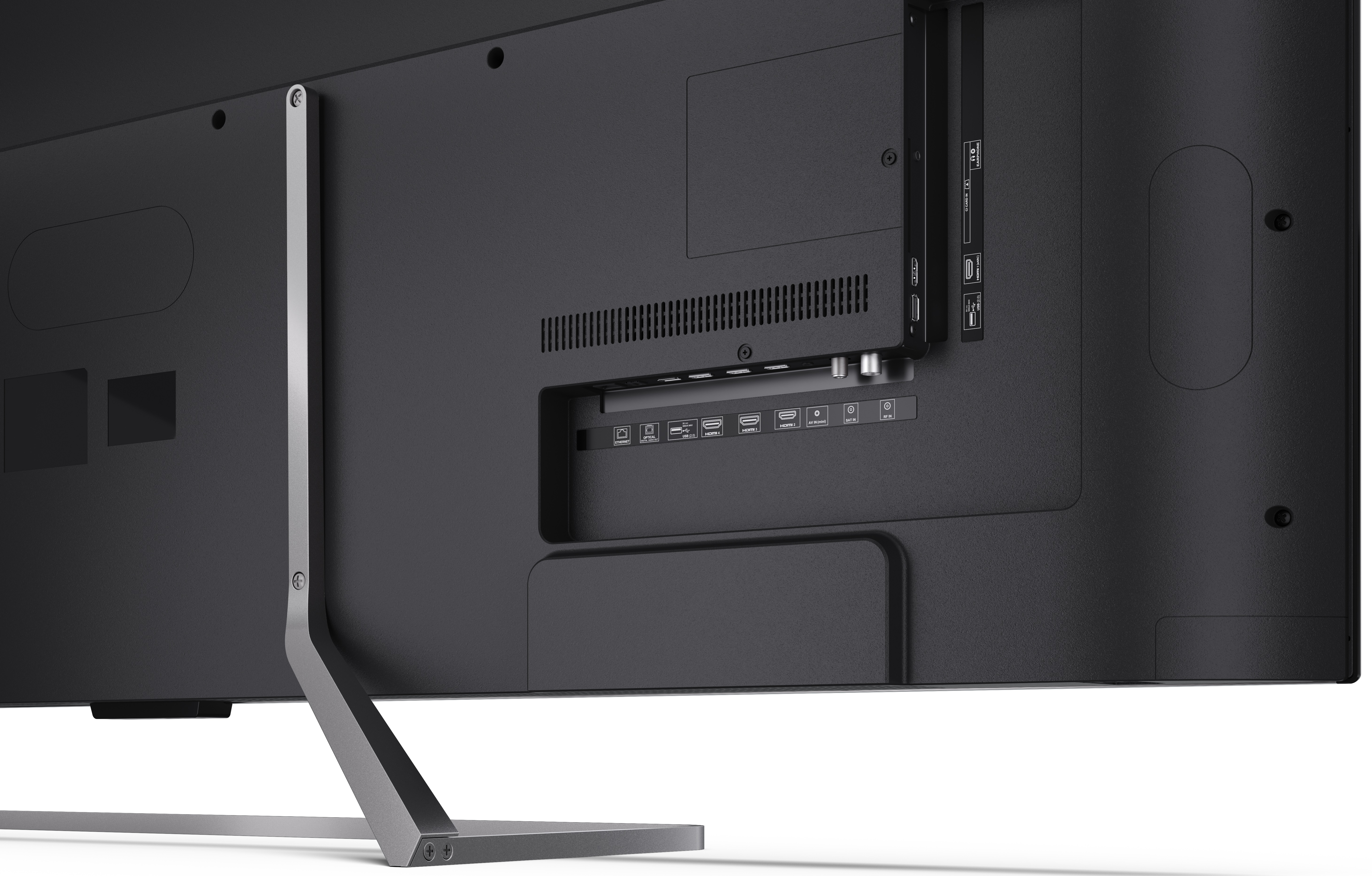 Panel tylny TV z portami: HDMI, USB i innymi. Srebrna podstawa z lewej, czarna powierzchnia.