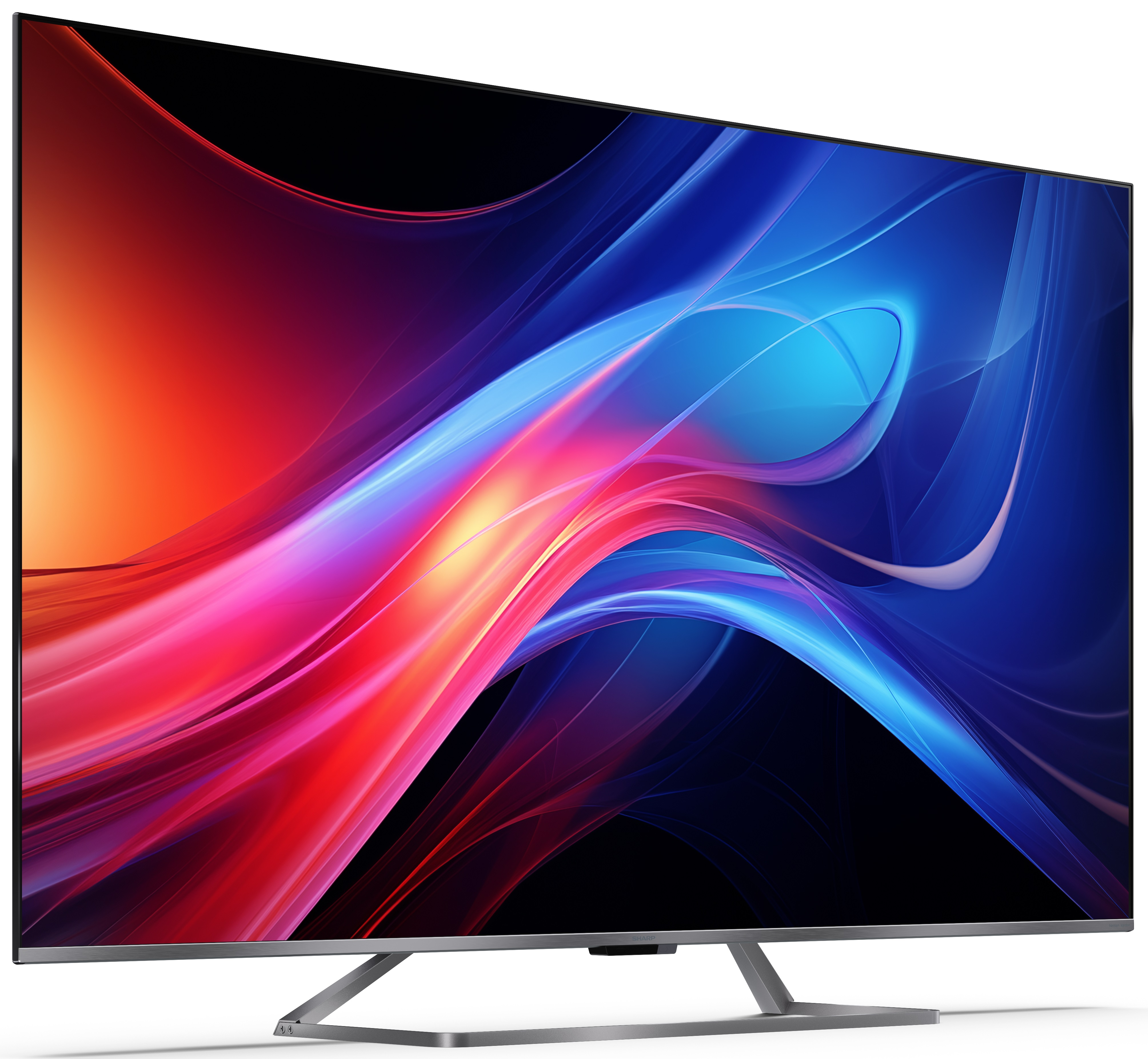 Duży, nowoczesny telewizor, z kolorowym ekranem i srebrną podstawą.