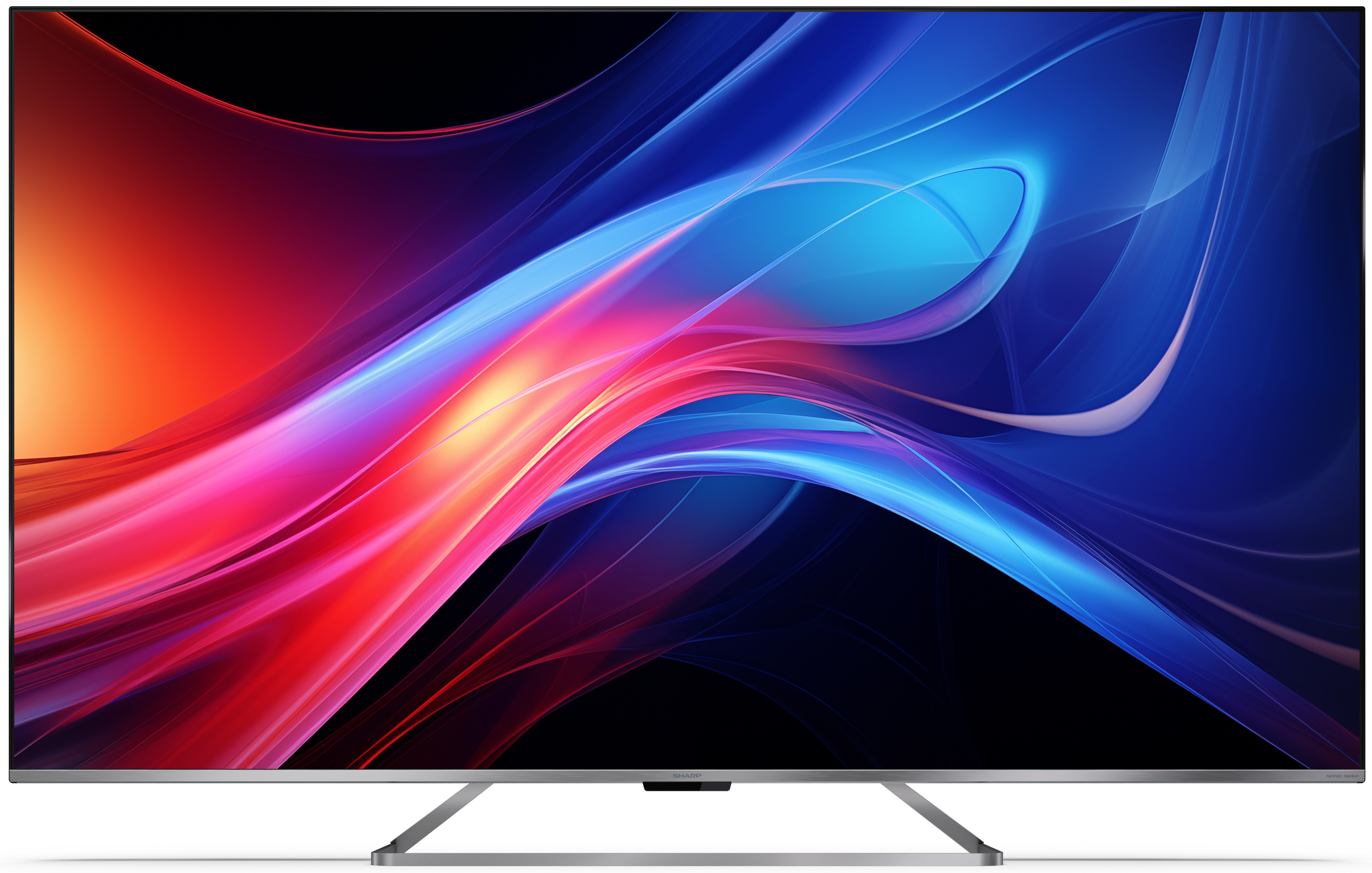 Telewizor z dużym ekranem z kolorową sztuką abstrakcyjną. Srebrna ramka, nowoczesny design.