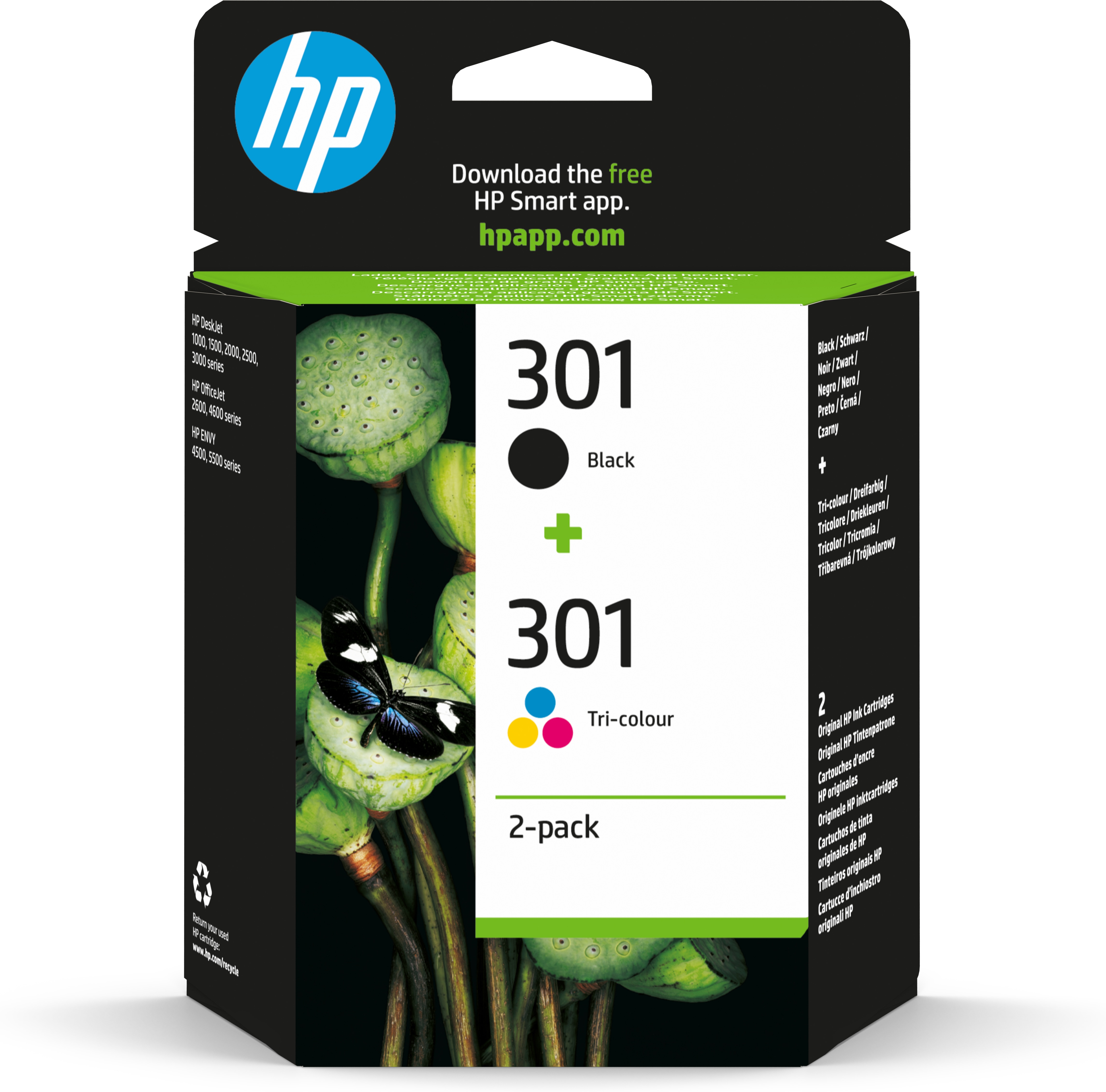 HP 301 Schwarz- und Dreifarben-Tintenpatronenverpackung mit Schmetterling, Lotusknospen im Hintergrund.
