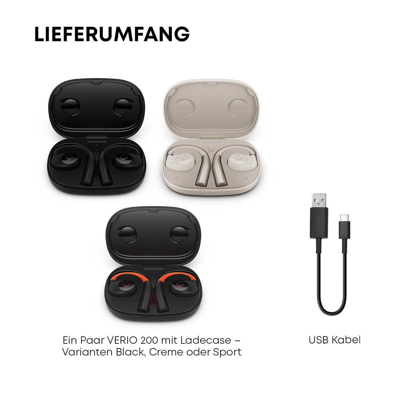 Das Bild zeigt drei Kopfhörer-Etuis mit Ohrhörern, ein USB-Kabel und Text: VERIO 200, Schwarz, Creme oder Sport.