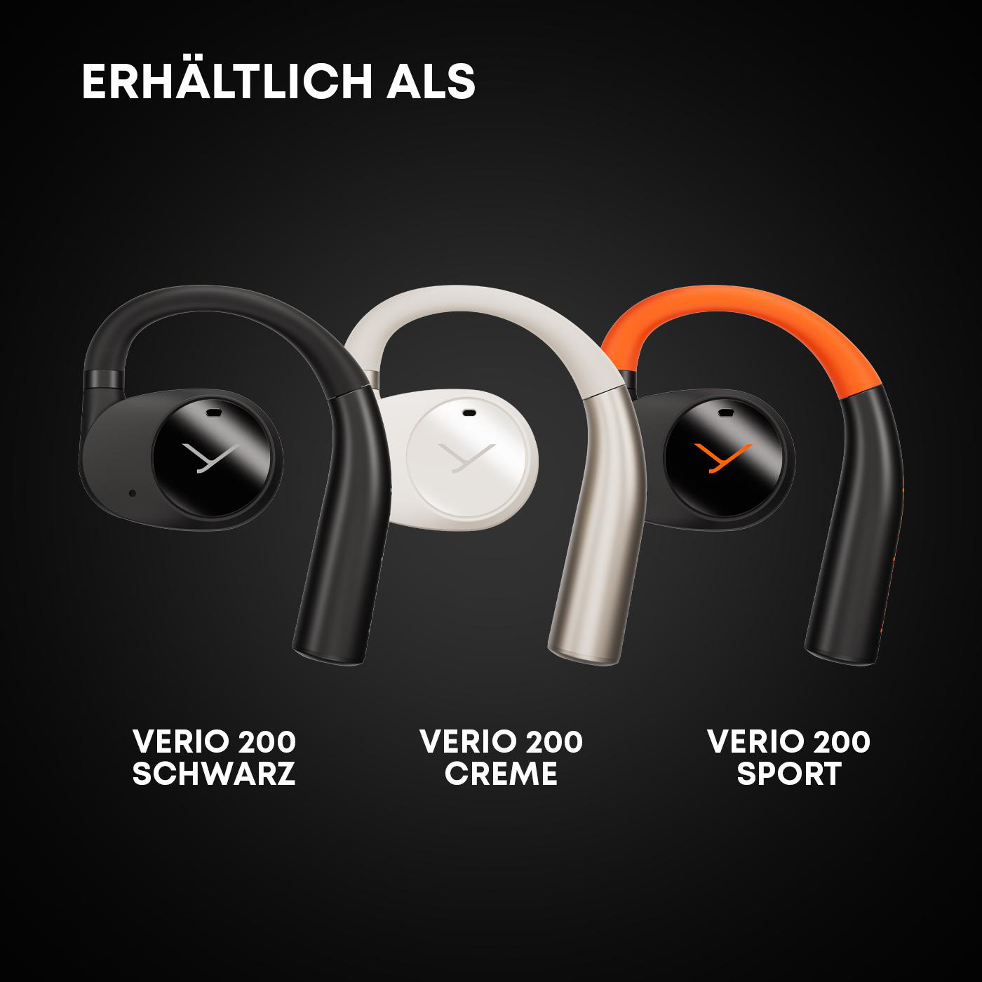 Drei Verio 200 Kopfhörer: schwarz, creme und sport (schwarz mit orange). Text: "Erhältlich als", Namen unter jedem.