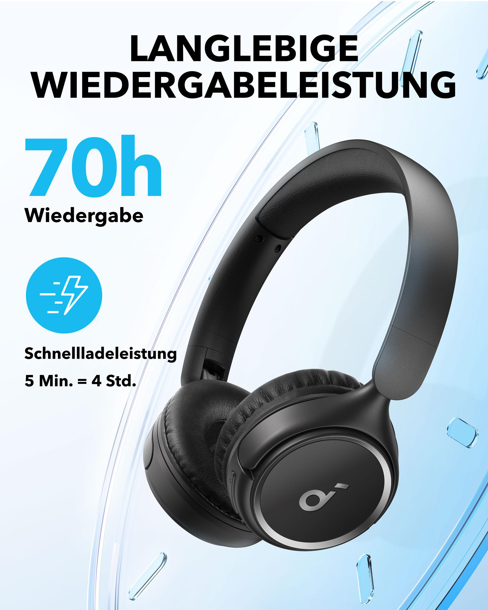 Schwarze Kopfhörer mit Text über lange Wiedergabe.