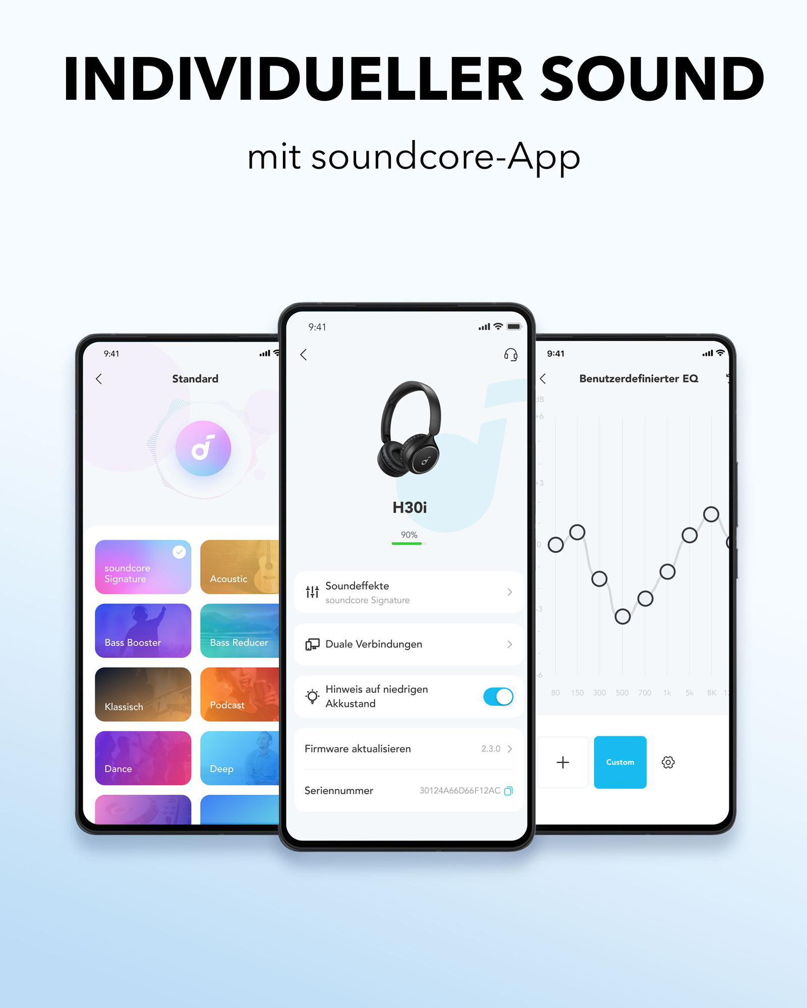 Drei Handyschirme mit dem Text 'INDIVIDUELLER SOUND' und soundcore-App.