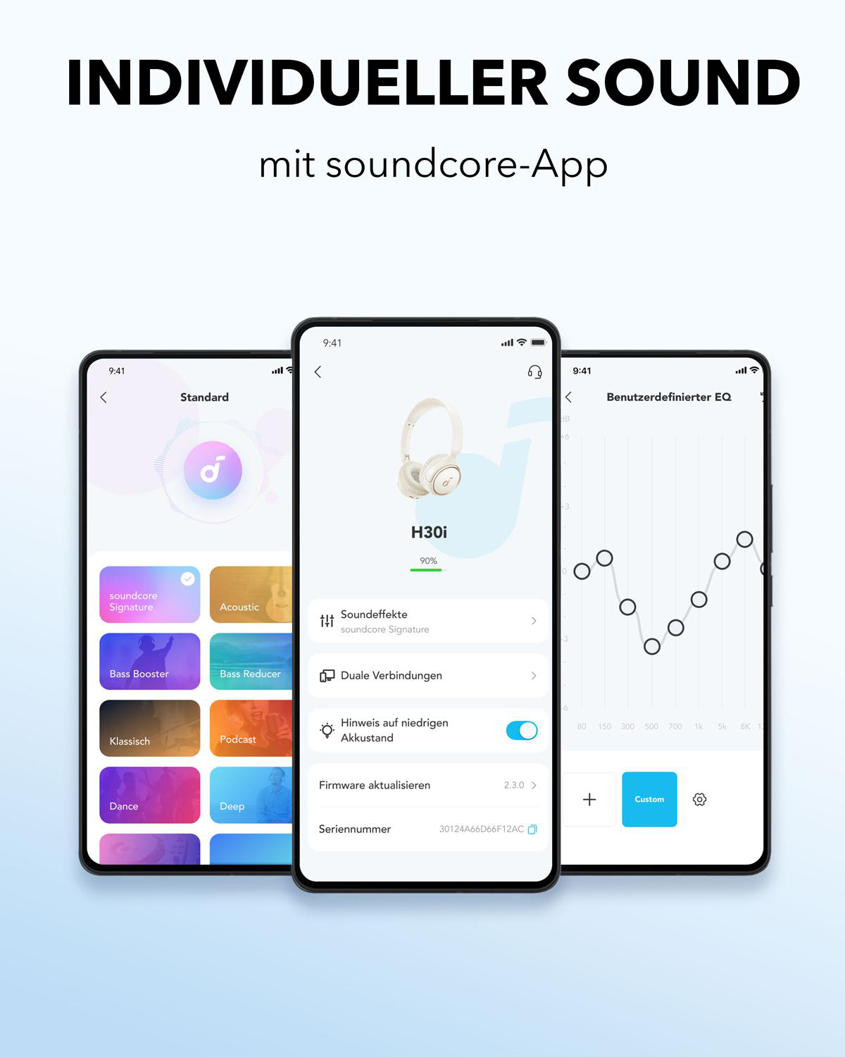 Drei Telefonbildschirme mit Soundcore-App.