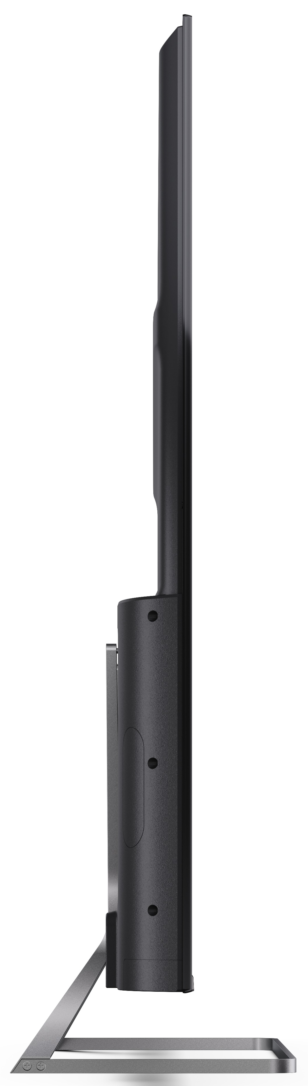 Widok z boku czarnego telewizora ze srebrną podstawą, pokazujący smukły profil i elegancki design.