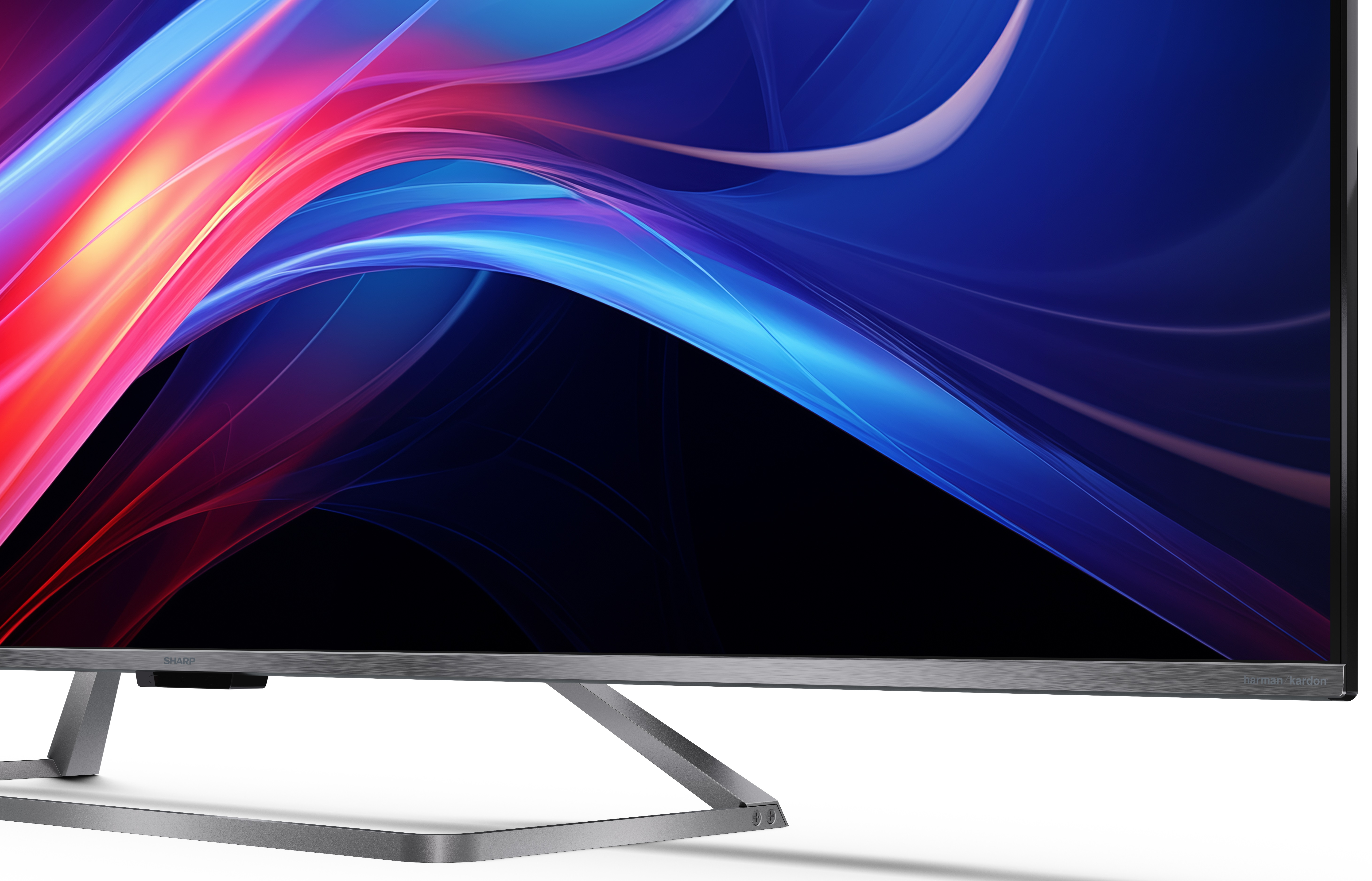 Zbliżenie ekranu telewizora. Kolorowa sztuka abstrakcyjna. Srebrny stojak i ramka. Czarne tło.