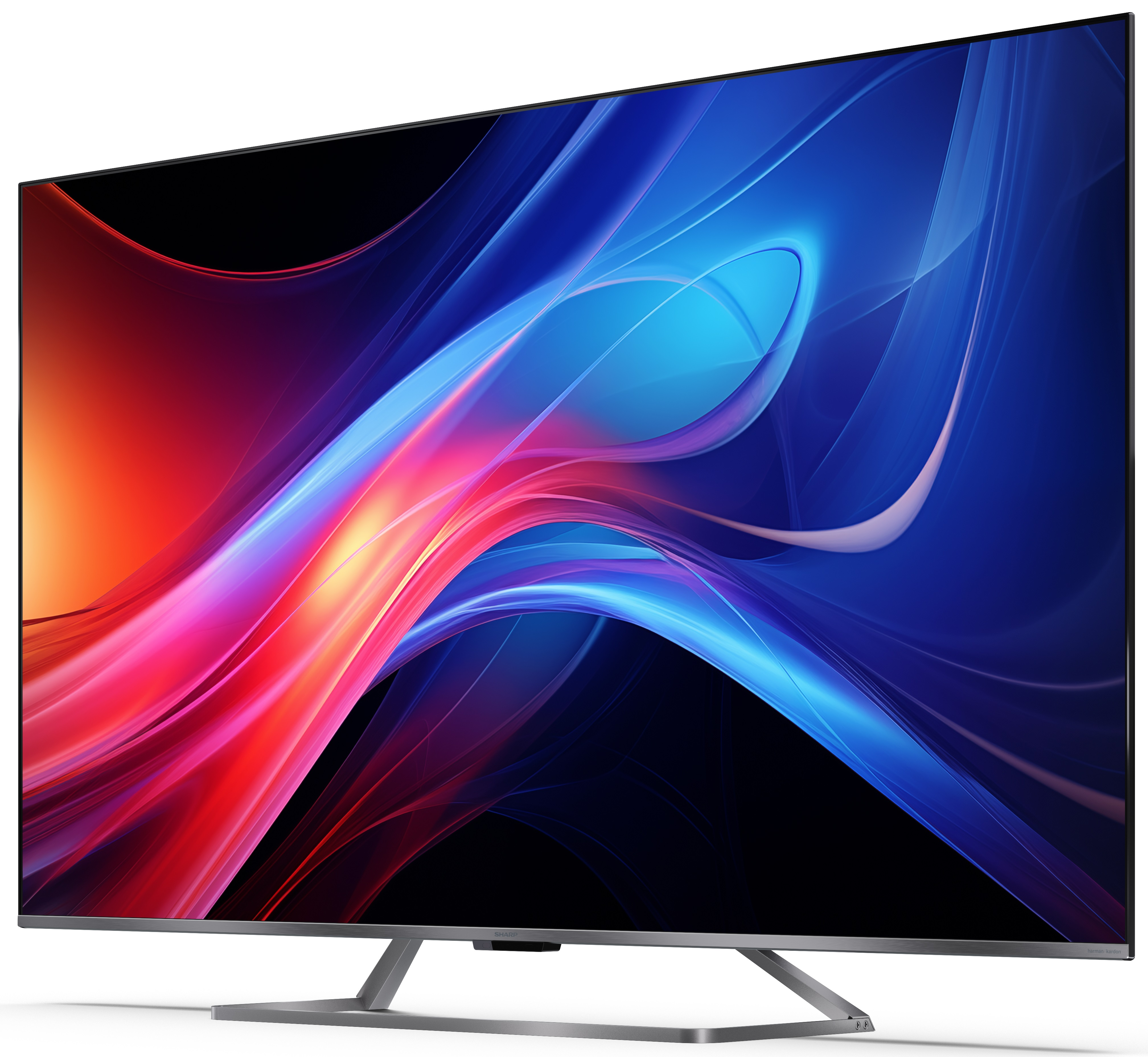 Duży ekran telewizora z kolorowym abstrakcyjnym wzorem. Srebrny stojak poniżej.