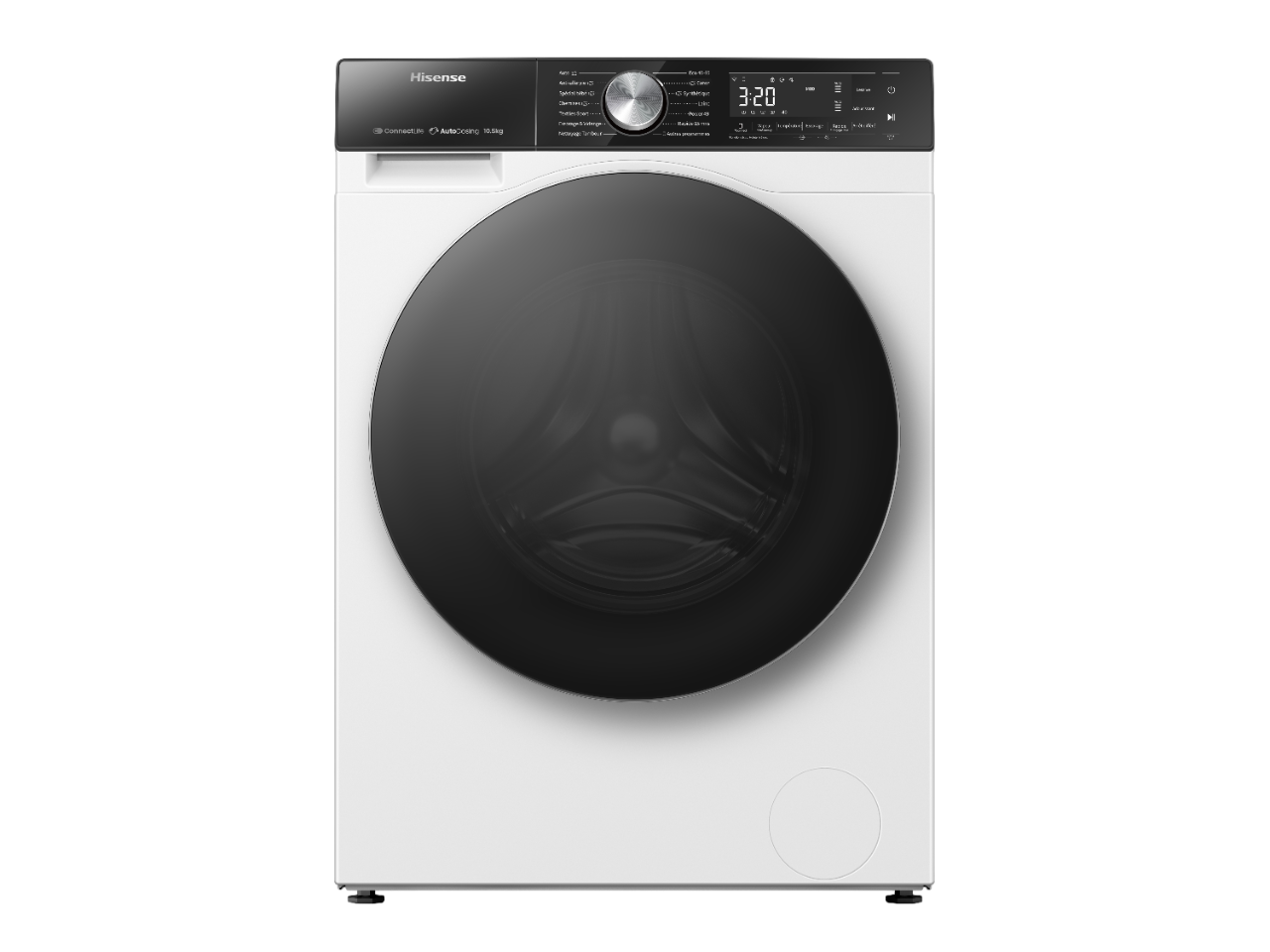 Eine weiße Hisense Waschmaschine. Die Vorderseite hat eine schwarze Tür und ein Bedienfeld.