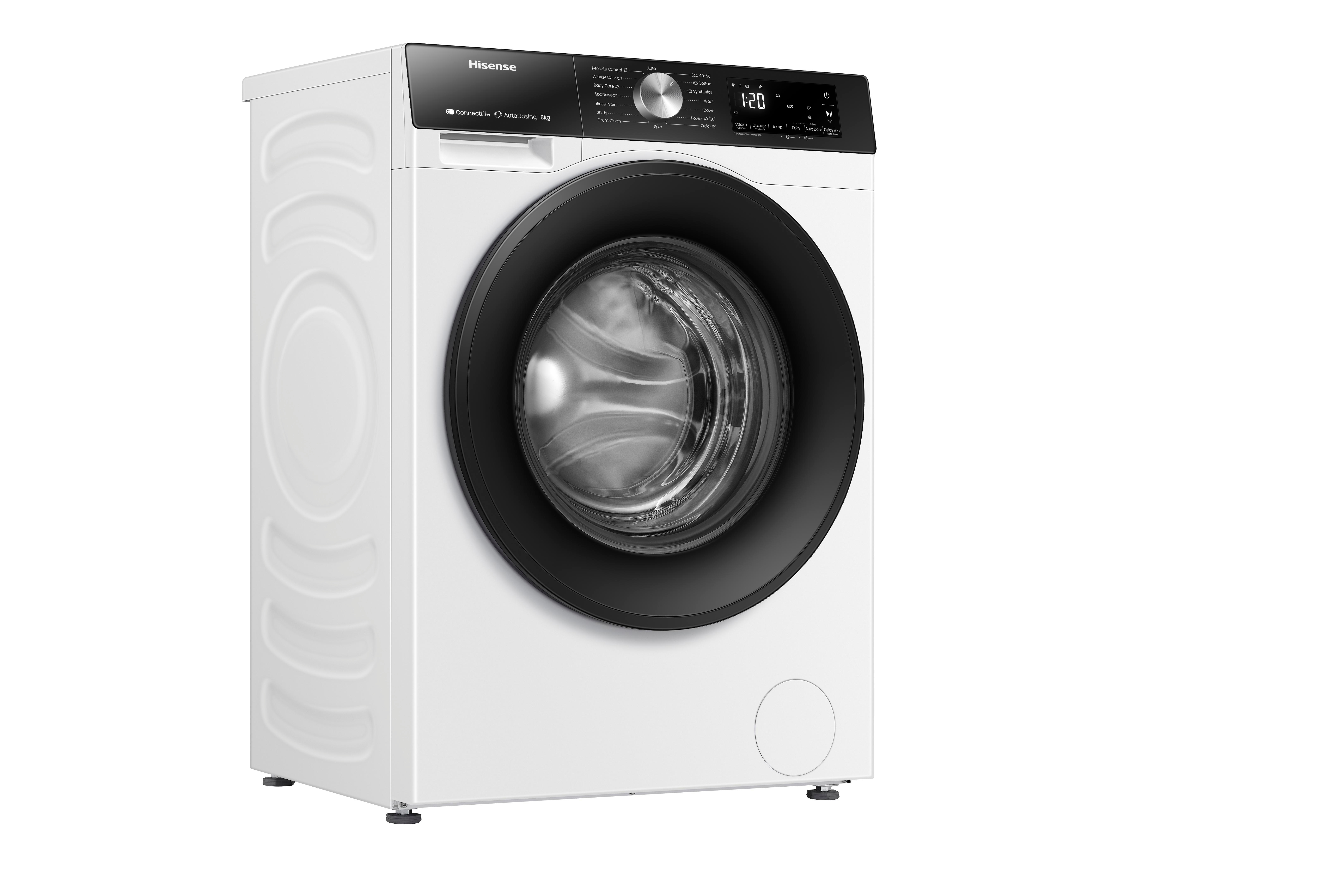 Weiße Hisense Waschmaschine. Sie hat eine schwarze Tür und ein Display oben.