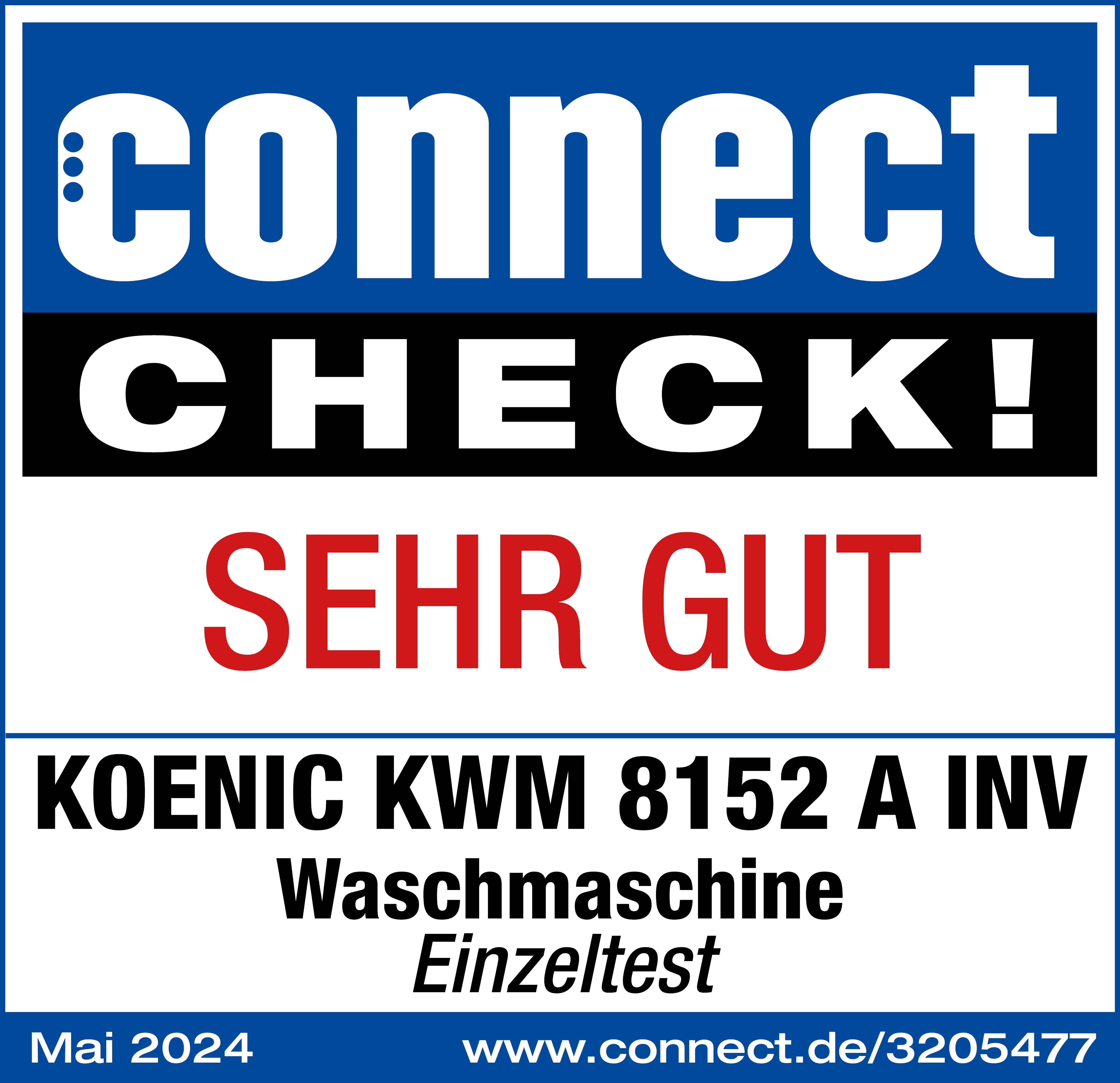 Ein Connect Check-Label, Bewertung Sehr Gut. Das Label zeigt 'connect CHECK!' in Weiß auf Blau.