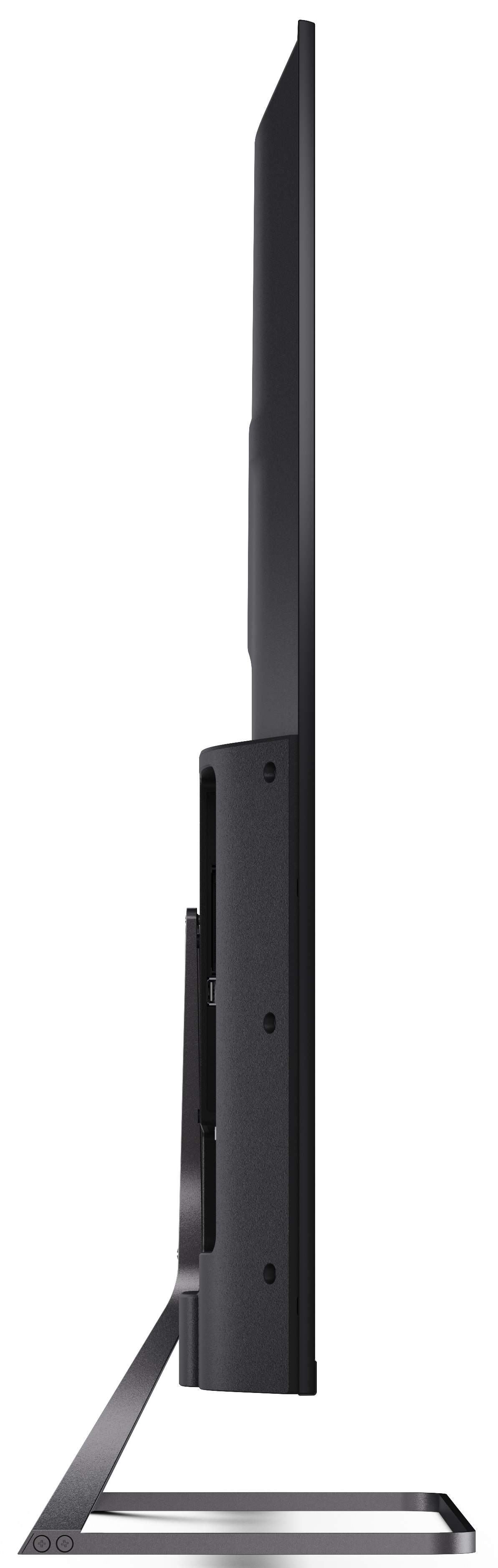 Czarny monitor TV, profil boczny. Widoczny metalowy stojak i uchwyt montażowy.
