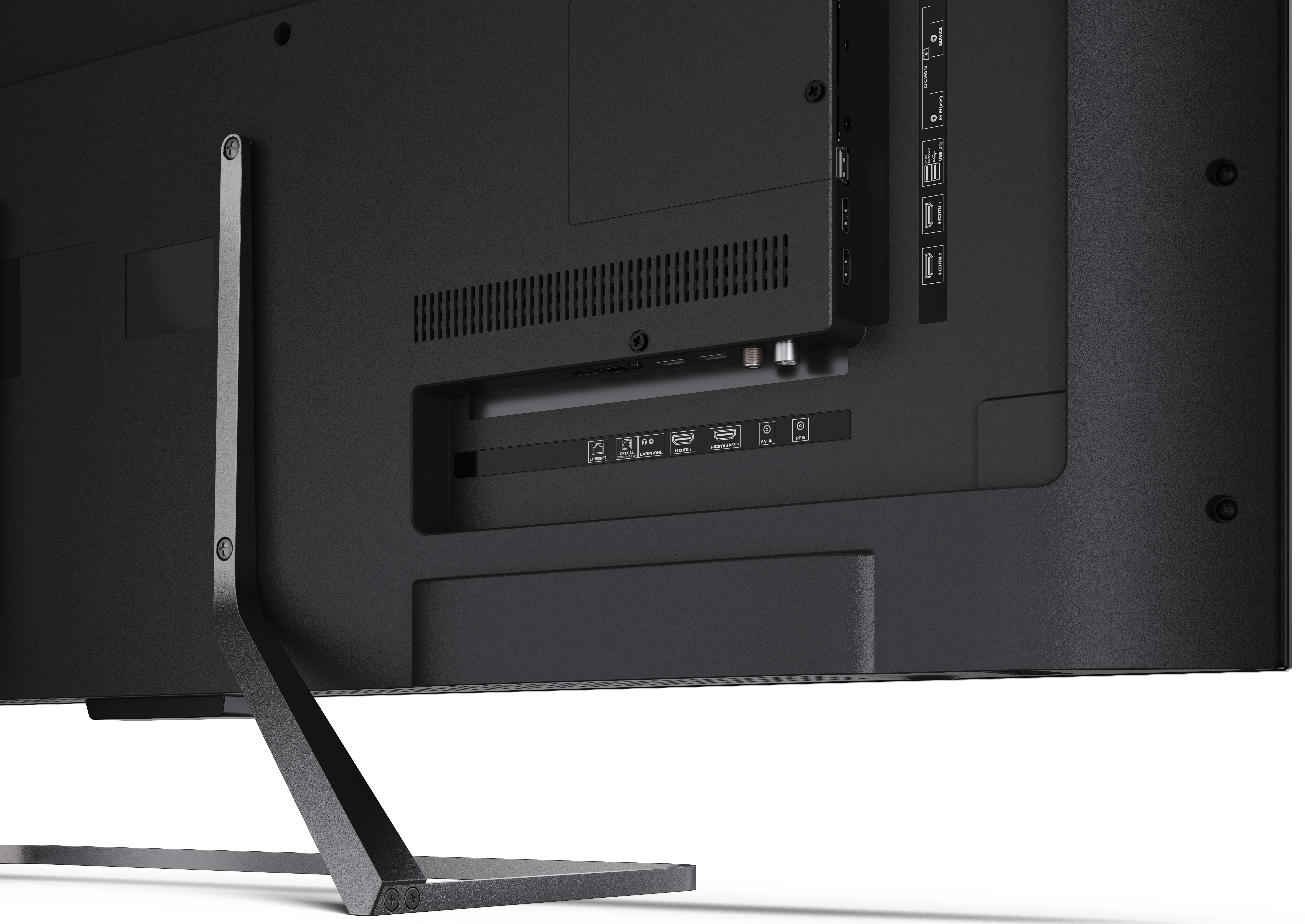 Widok z tyłu czarnego telewizora, pokazujący porty i podstawę, ze zbliżeniem połączeń.
