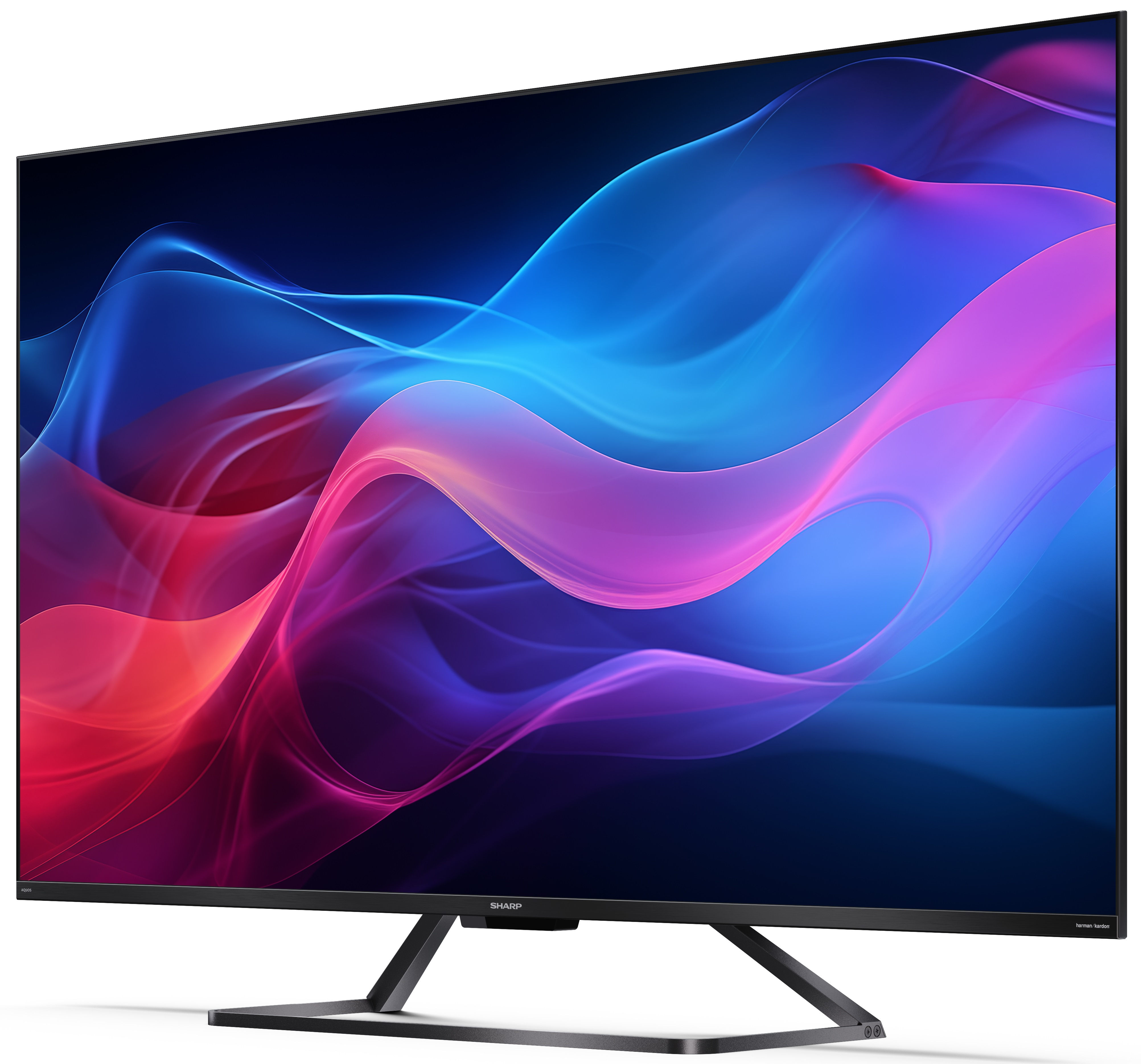 Duży, zakrzywiony telewizor z kolorowym, abstrakcyjnym wzorem na ekranie.