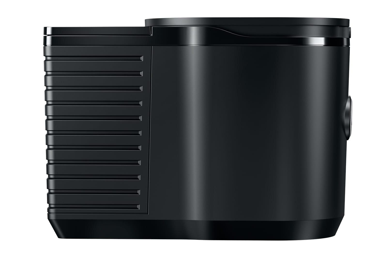 Eine schwarze Seitenansicht eines Geräts mit geripptem Design.
