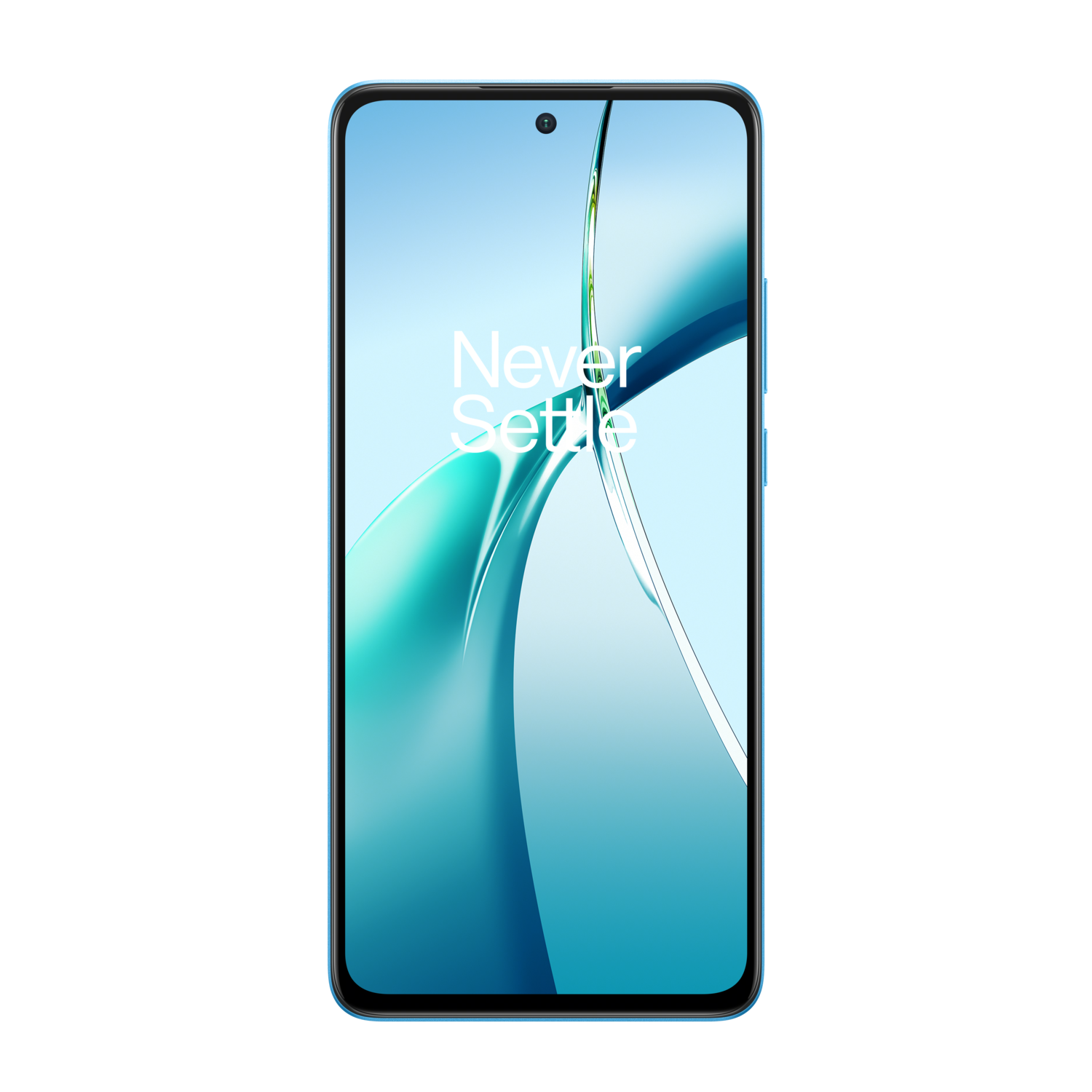 A light blue smartphone, with the words 'Never Settle' on the screen.