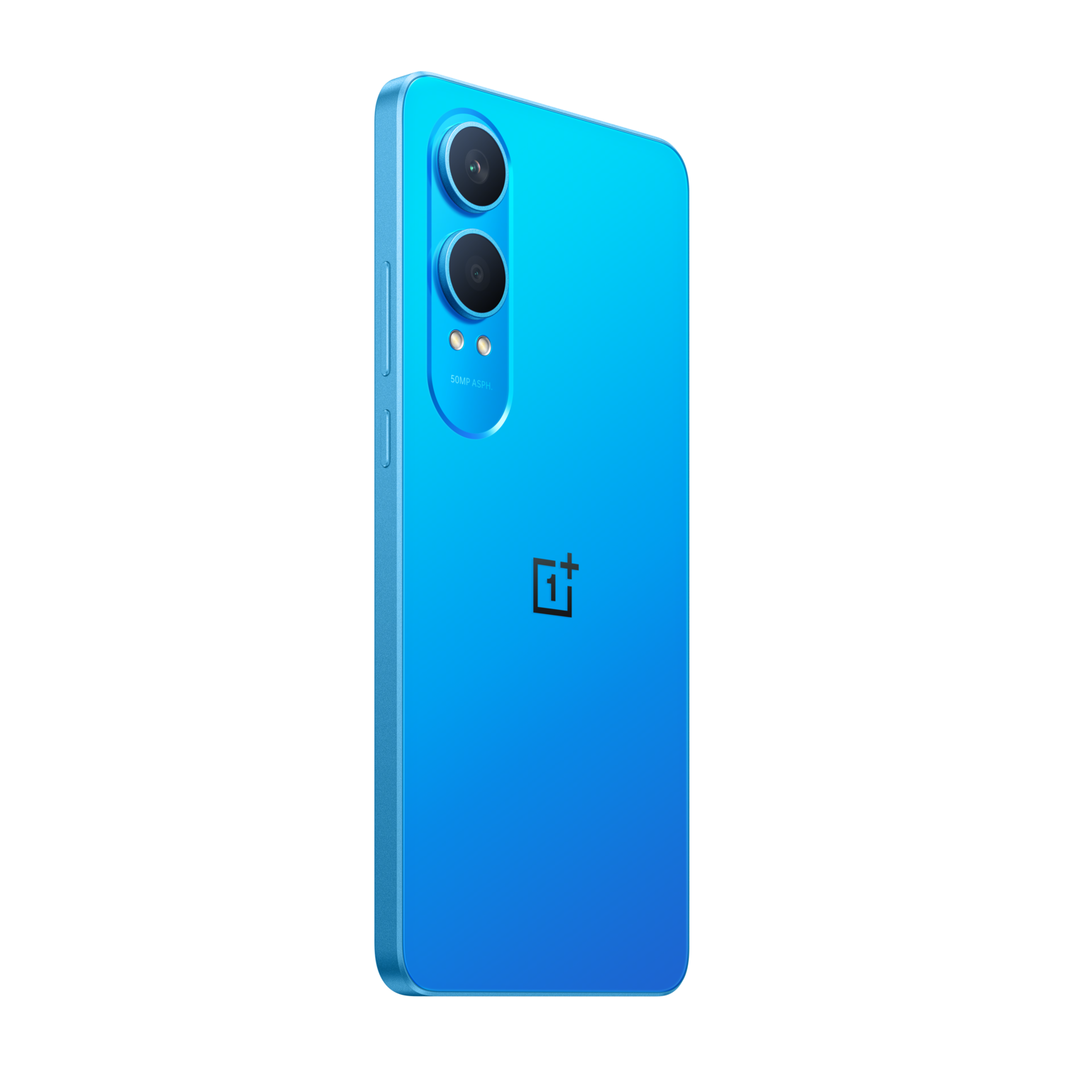 Blue smartphone, dual-lens camera. Black background. OnePlus logo.