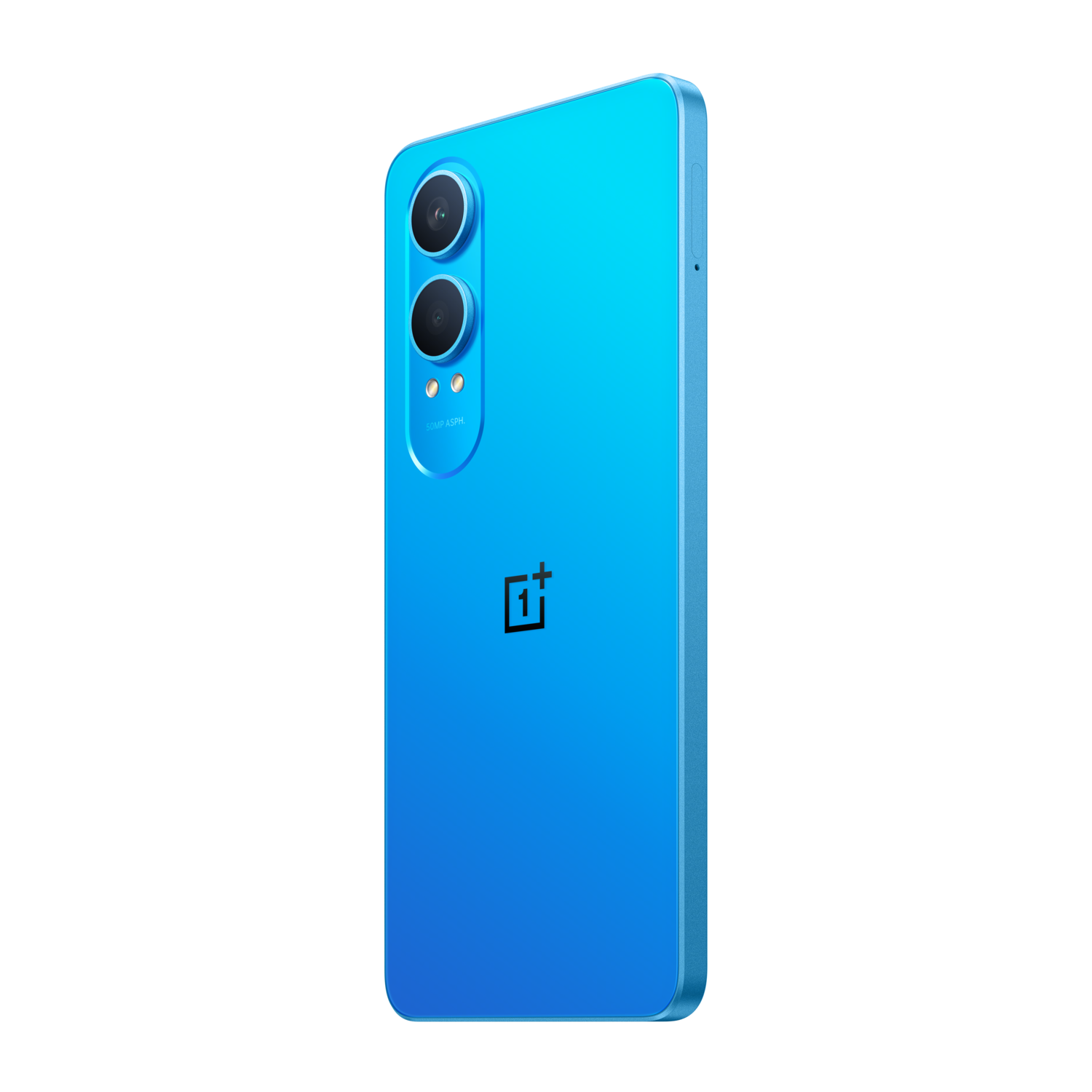 Blue smartphone, rear view with two cameras, OnePlus logo, black background.