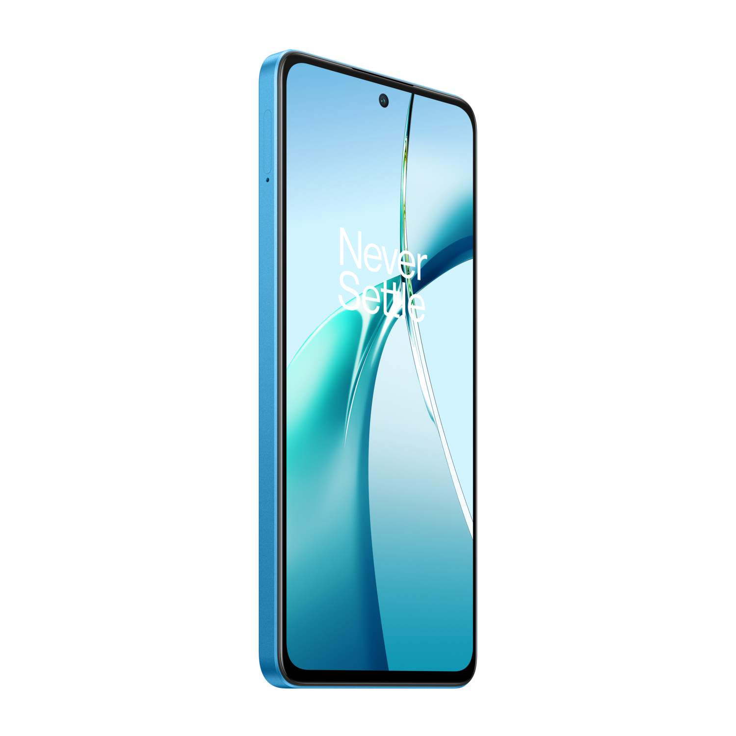 Blue smartphone with a display showing a blue and white blurred background, the text 'Never Settle'.