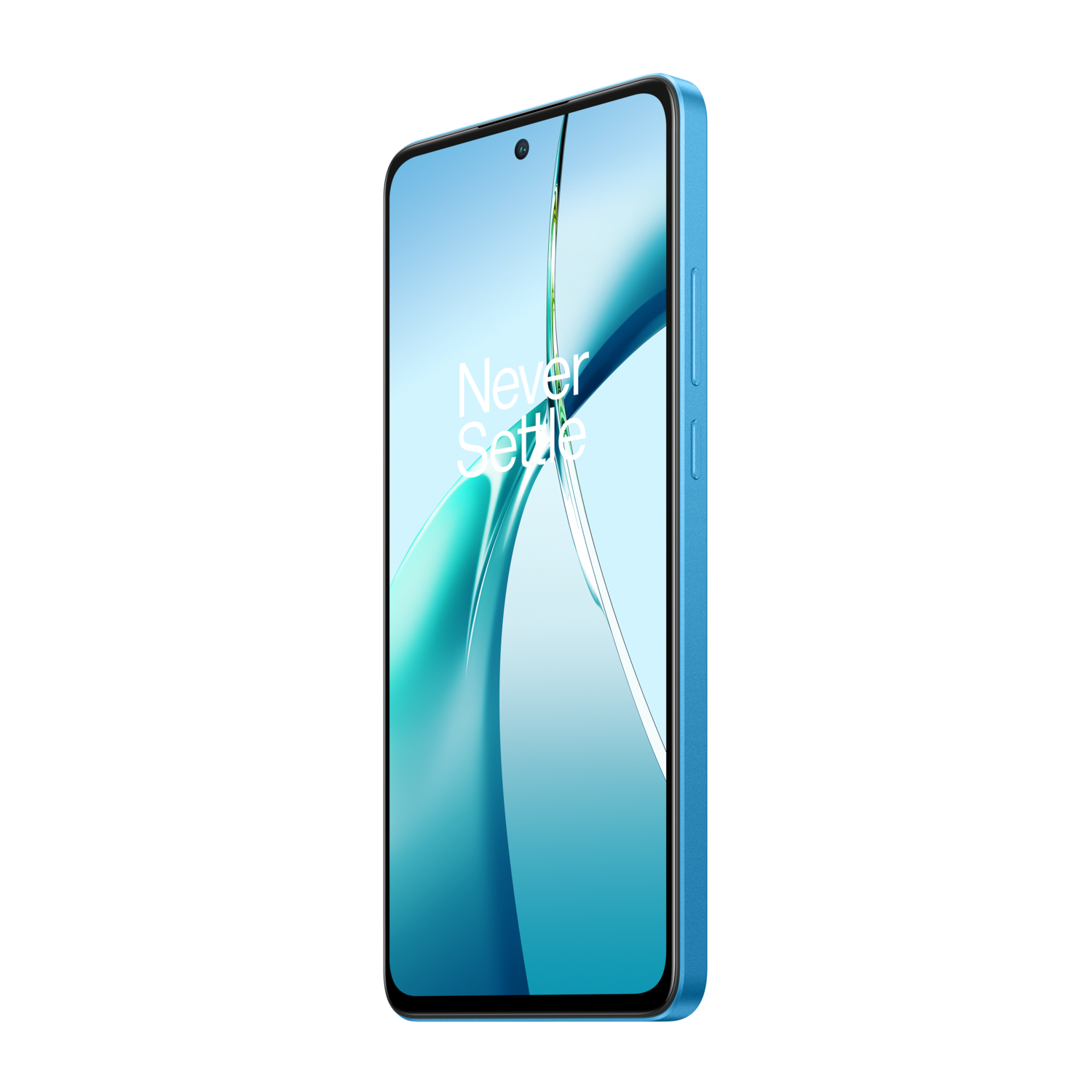 Blue OnePlus phone, showing the screen with the text 'Never Settle' on a blue background.