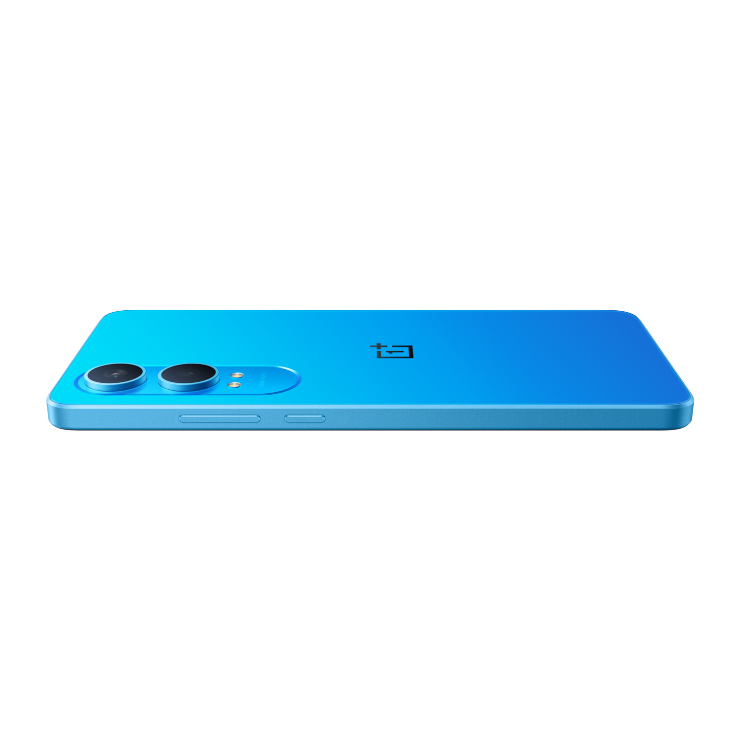Blue smartphone, top view. Two cameras are visible. Black background.