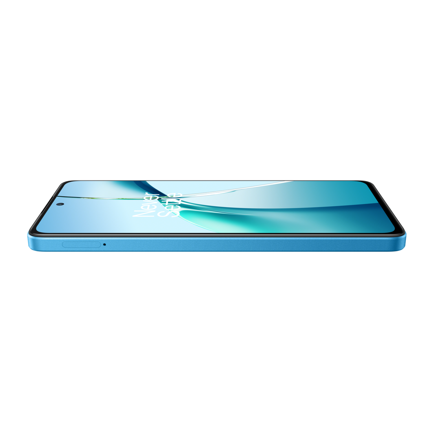 A light blue smartphone, a side view on a black background.