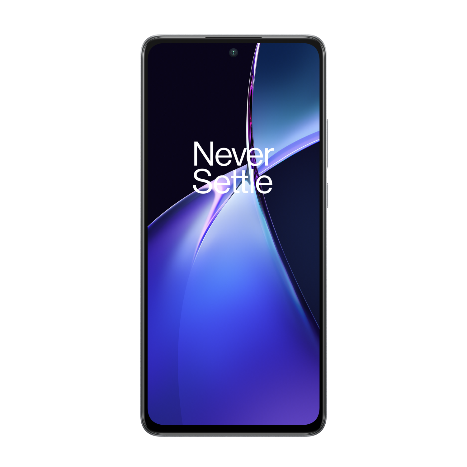 Smartphone displaying 'Never Settle' on the screen, black background.