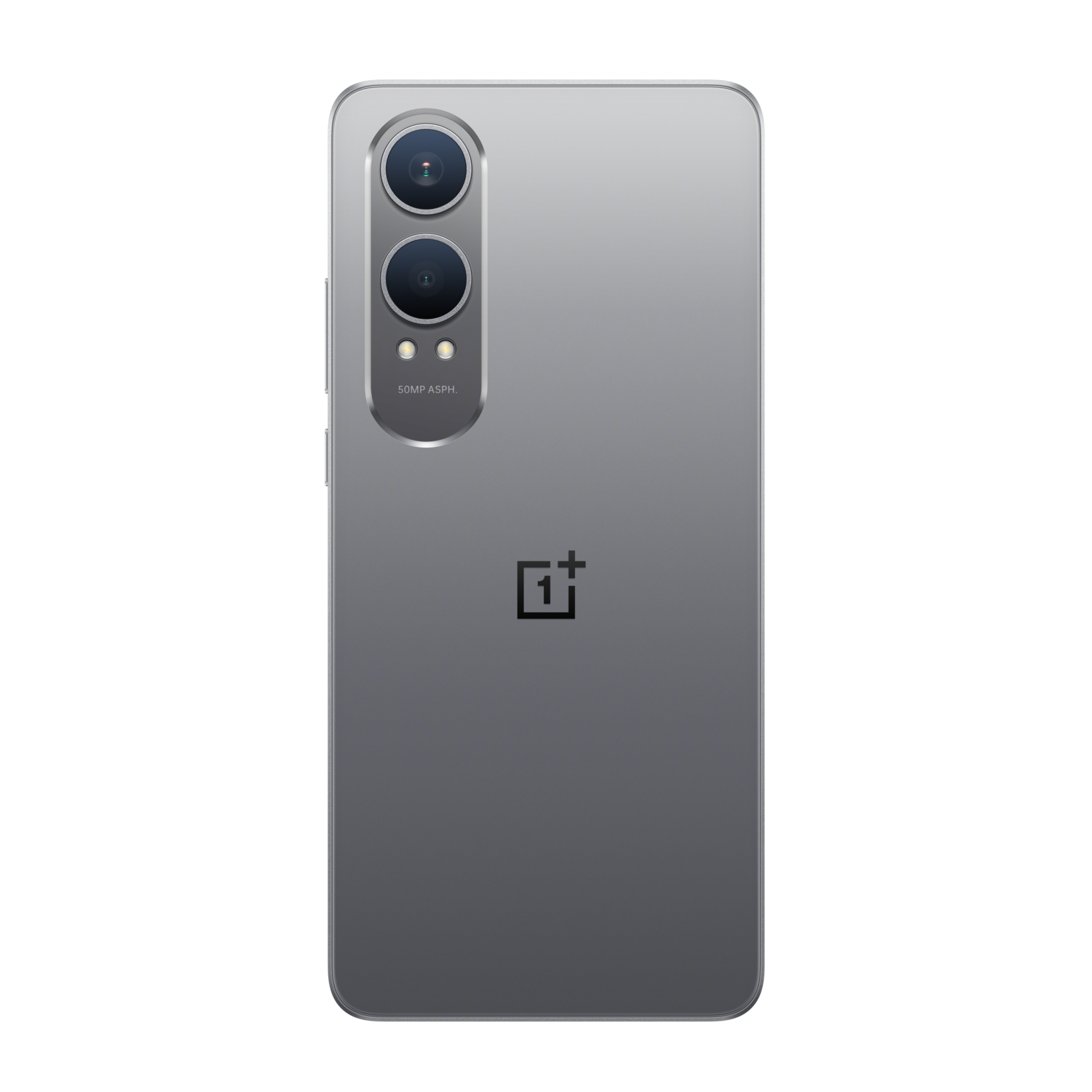 The back of a silver OnePlus phone with a triple-lens camera and a OnePlus logo.