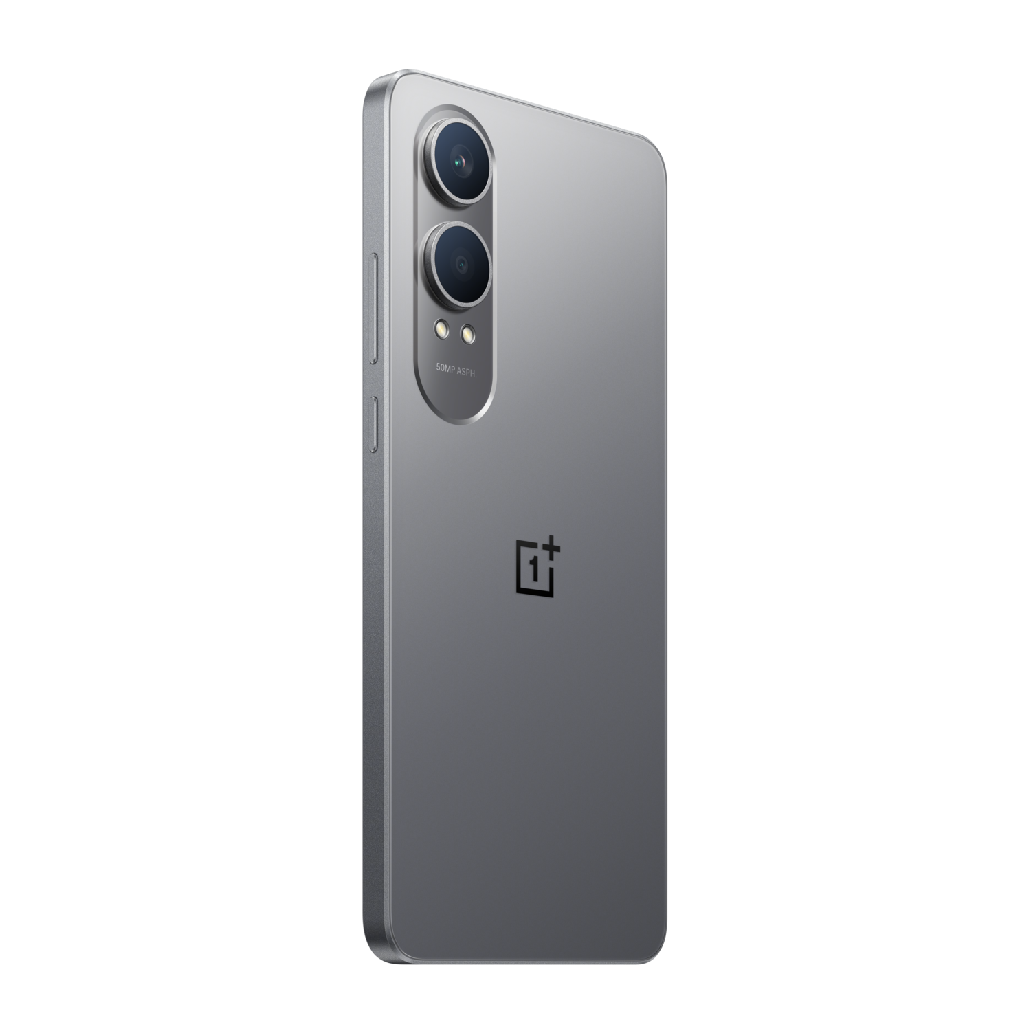 Silver phone from the back, showing camera lenses and a logo. Black background.