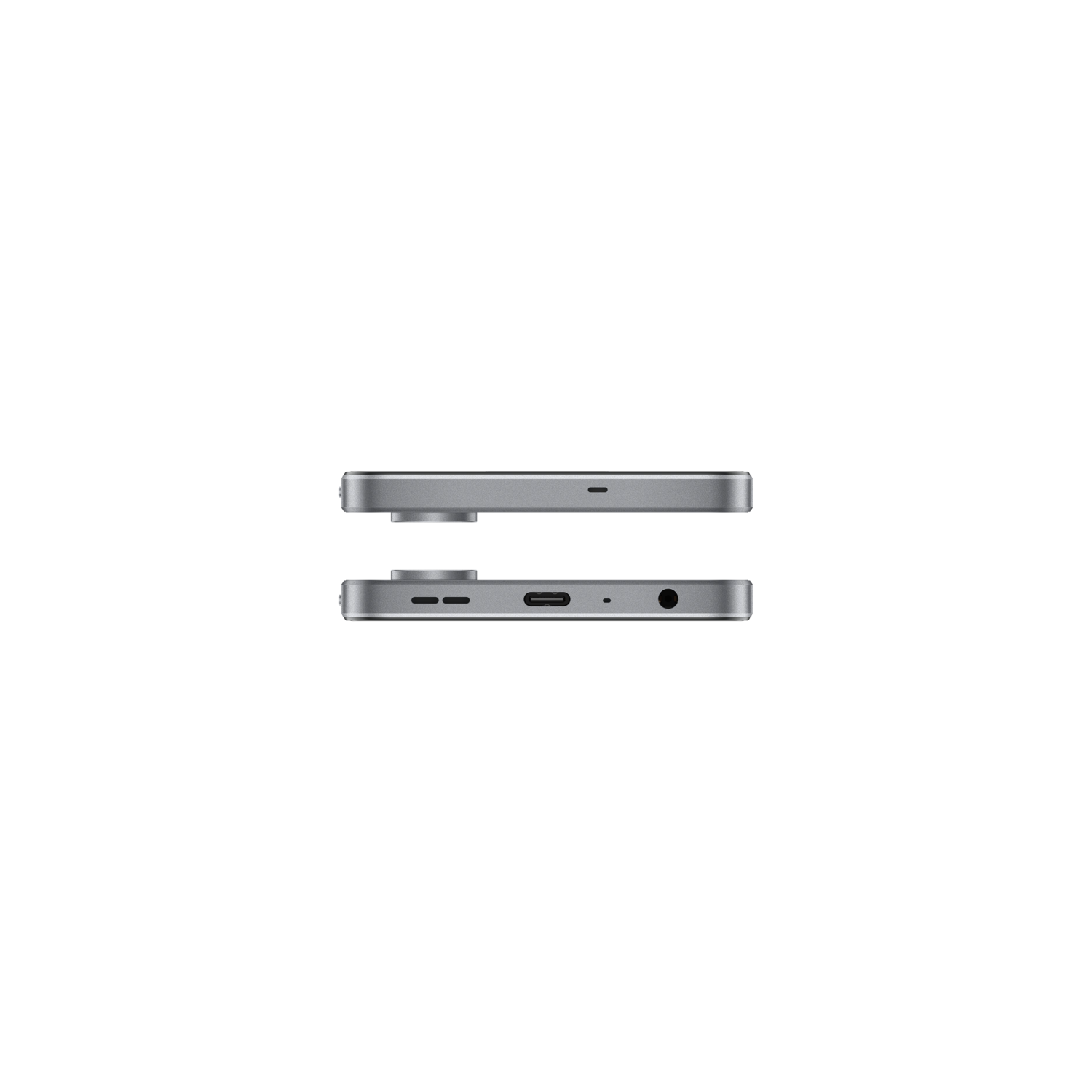 Two silver smartphones on a black background, showing the side views, with camera and ports.