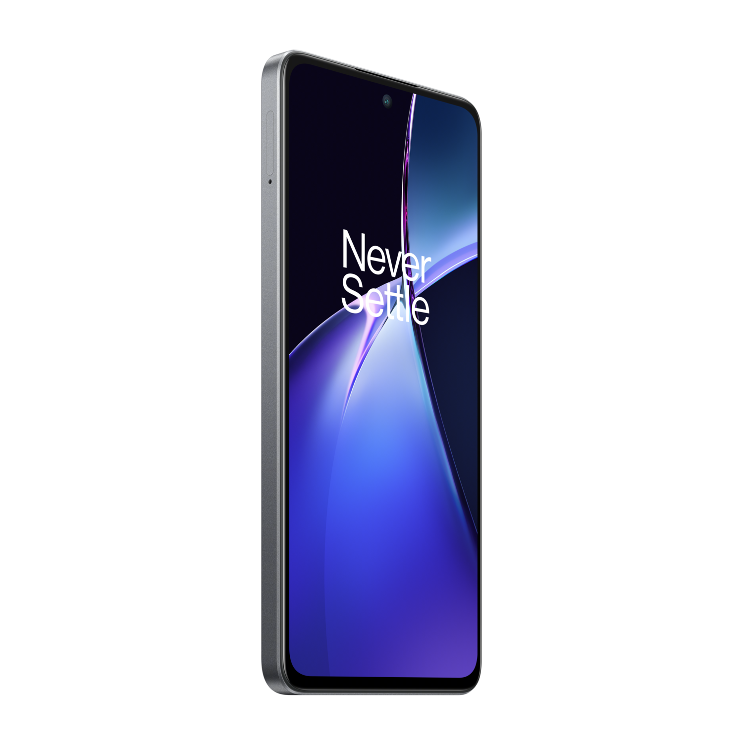 Smartphone with screen displaying 'Never Settle' text, on a black background.