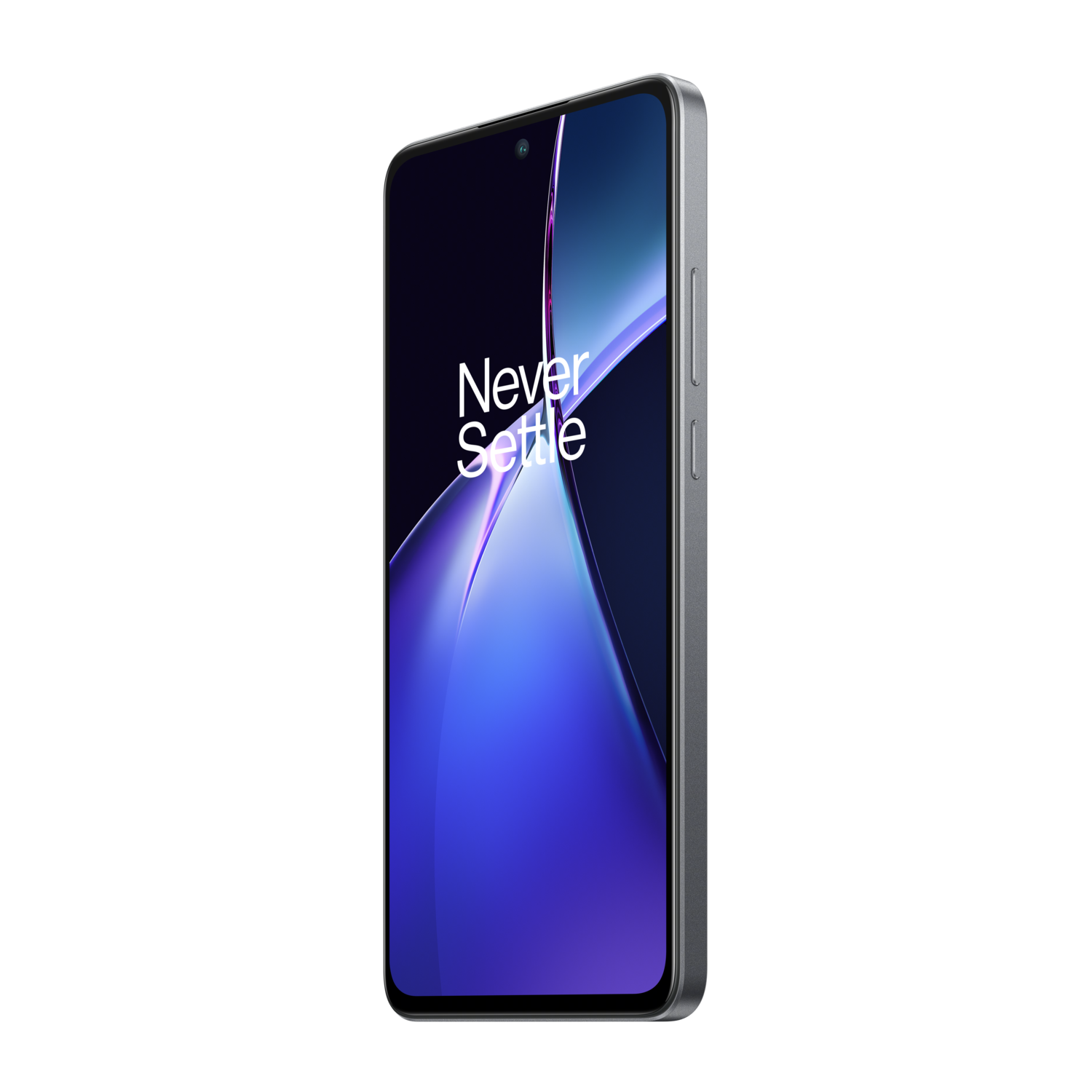 A silver smartphone with a blue and purple screen displaying the text 'Never Settle'.