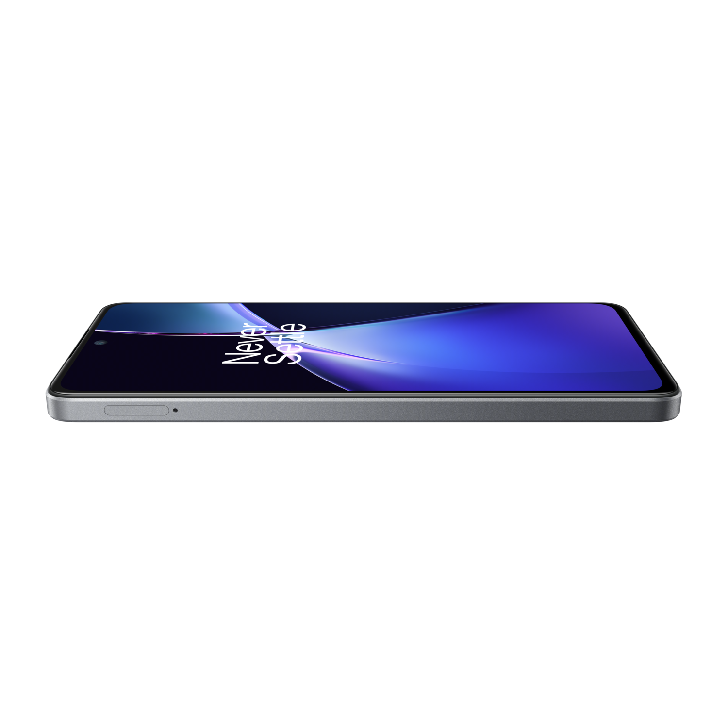 Smartphone lying on its side. Gray frame, screen shows a blue and purple background.