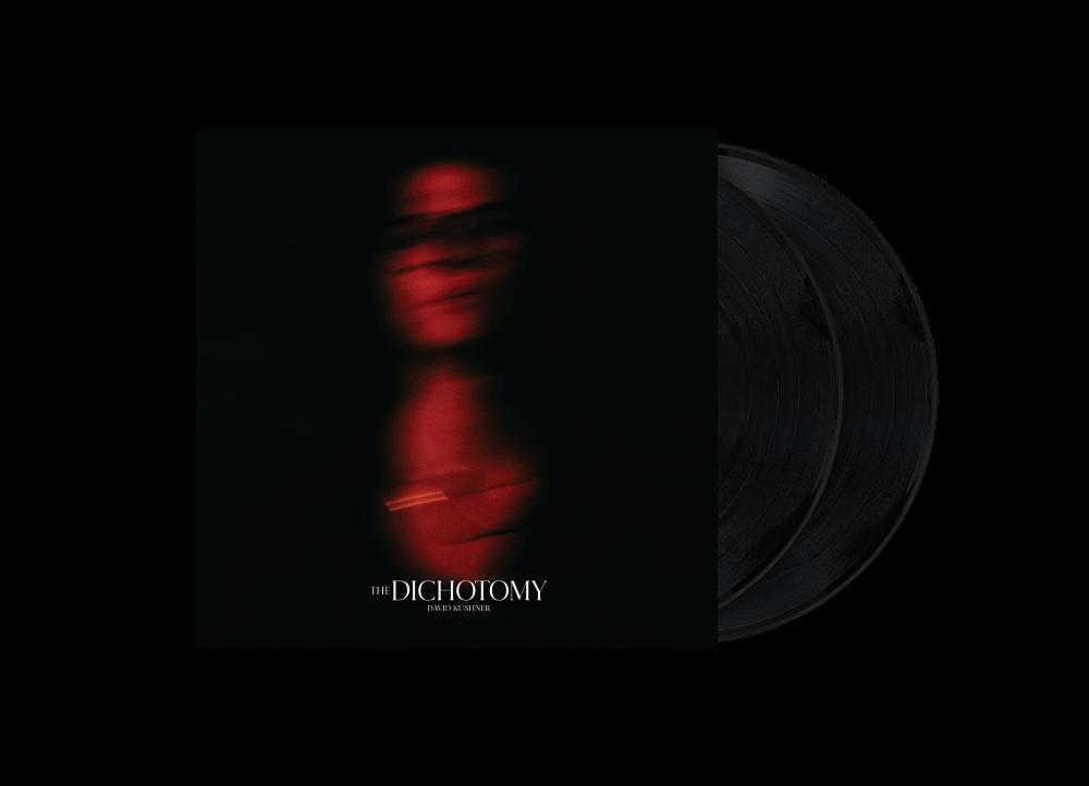 Vinylplatten-Albumcover mit rotem, verschwommenem Gesicht. Zwei schwarze Schallplatten.