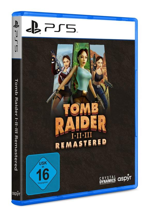 Eine PS5-Spielbox für Tomb Raider I-II-III Remastered mit drei Charakteren.