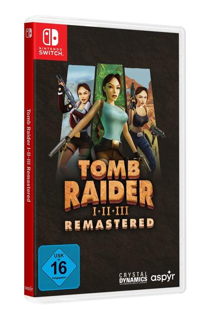 Tomb Raider I-II-III Remastered Spielhülle mit rotem Rücken.