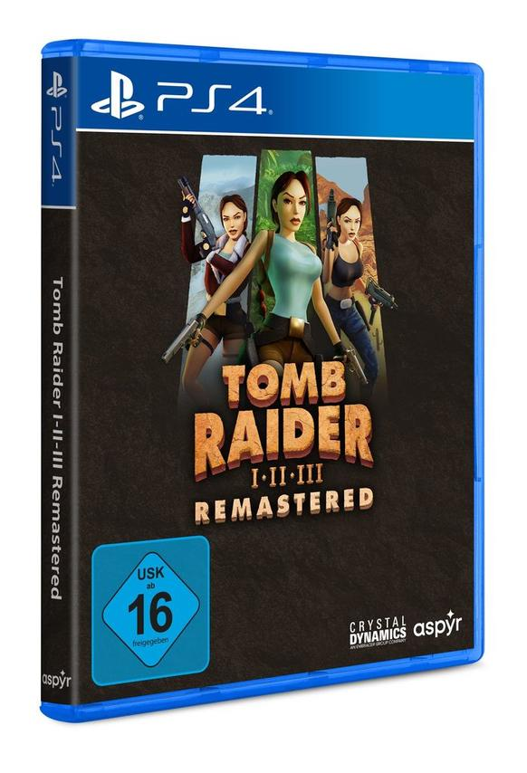 Tomb Raider I-II-III Remastered PS4-Spielhülle. Enthält Lara Croft und den Spieletitel auf dem Cover.