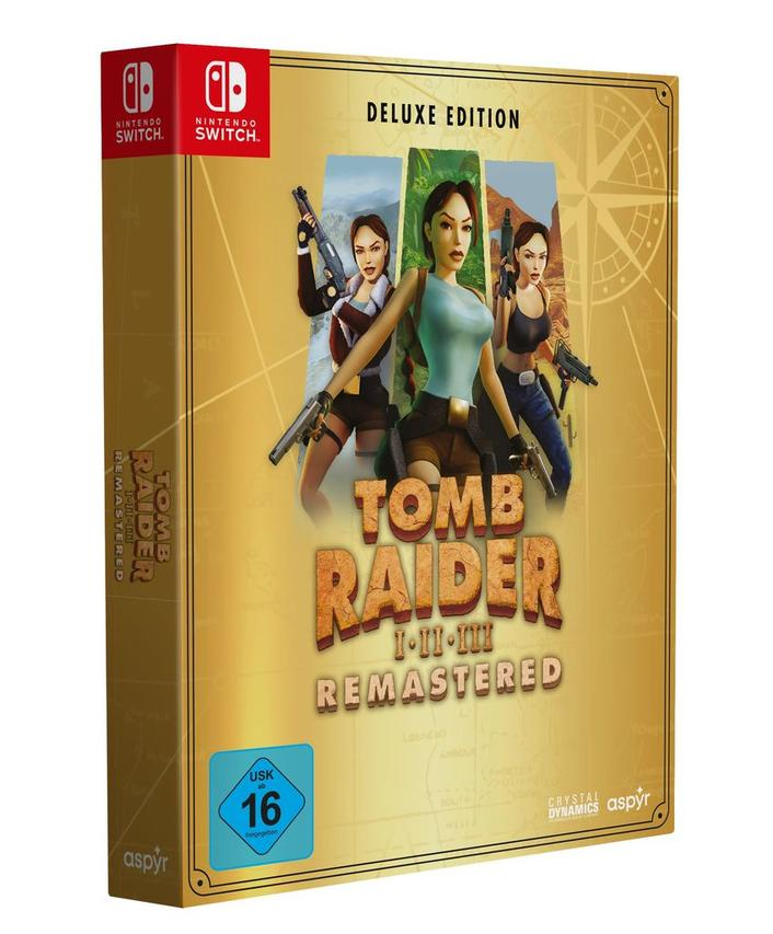 Videospielbox mit Lara Croft mit Waffen auf goldenem Hintergrund.