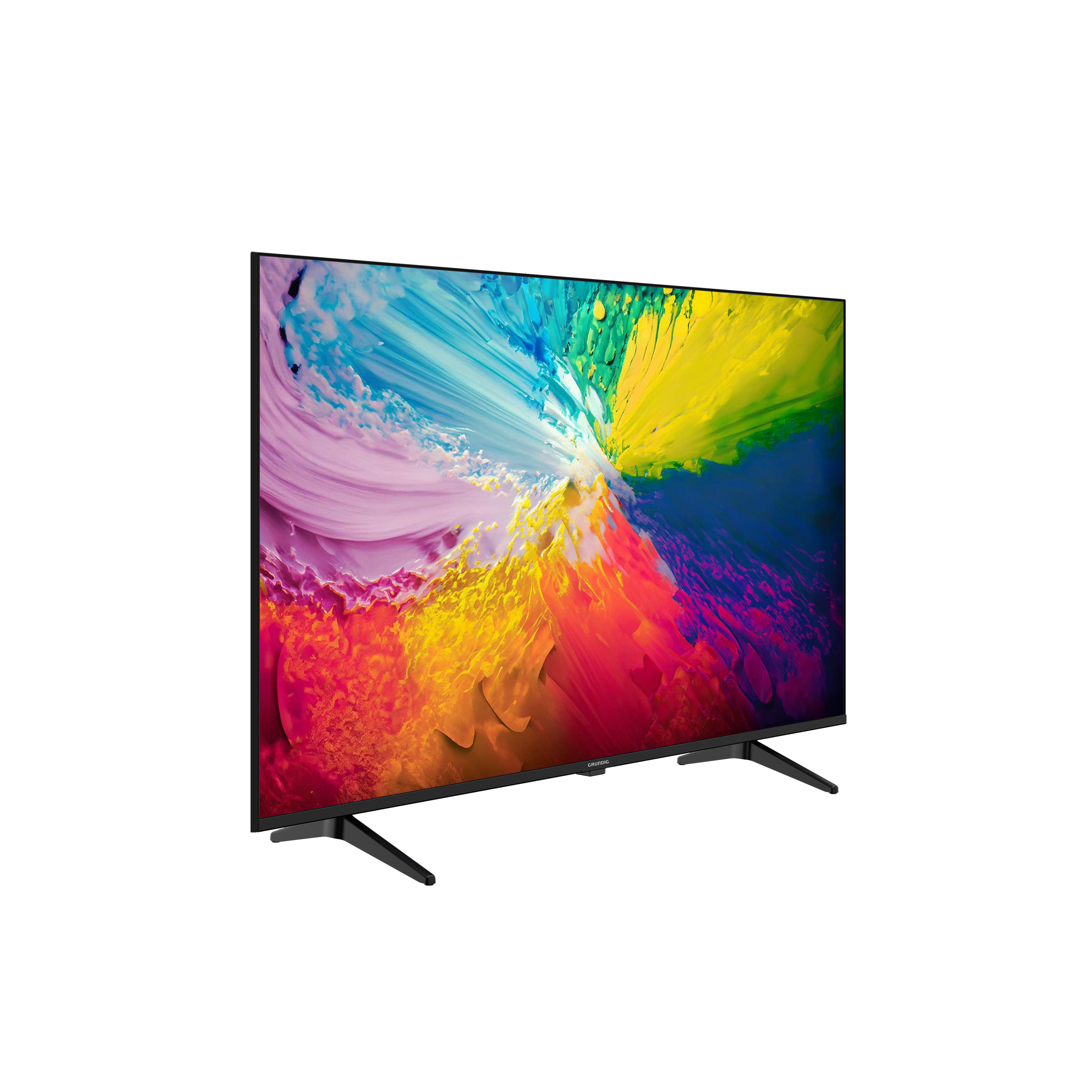 Fernseher mit bunter abstrakter Kunst auf dem Bildschirm, schwarzer Rahmen und Standfuß, schräge Ansicht.
