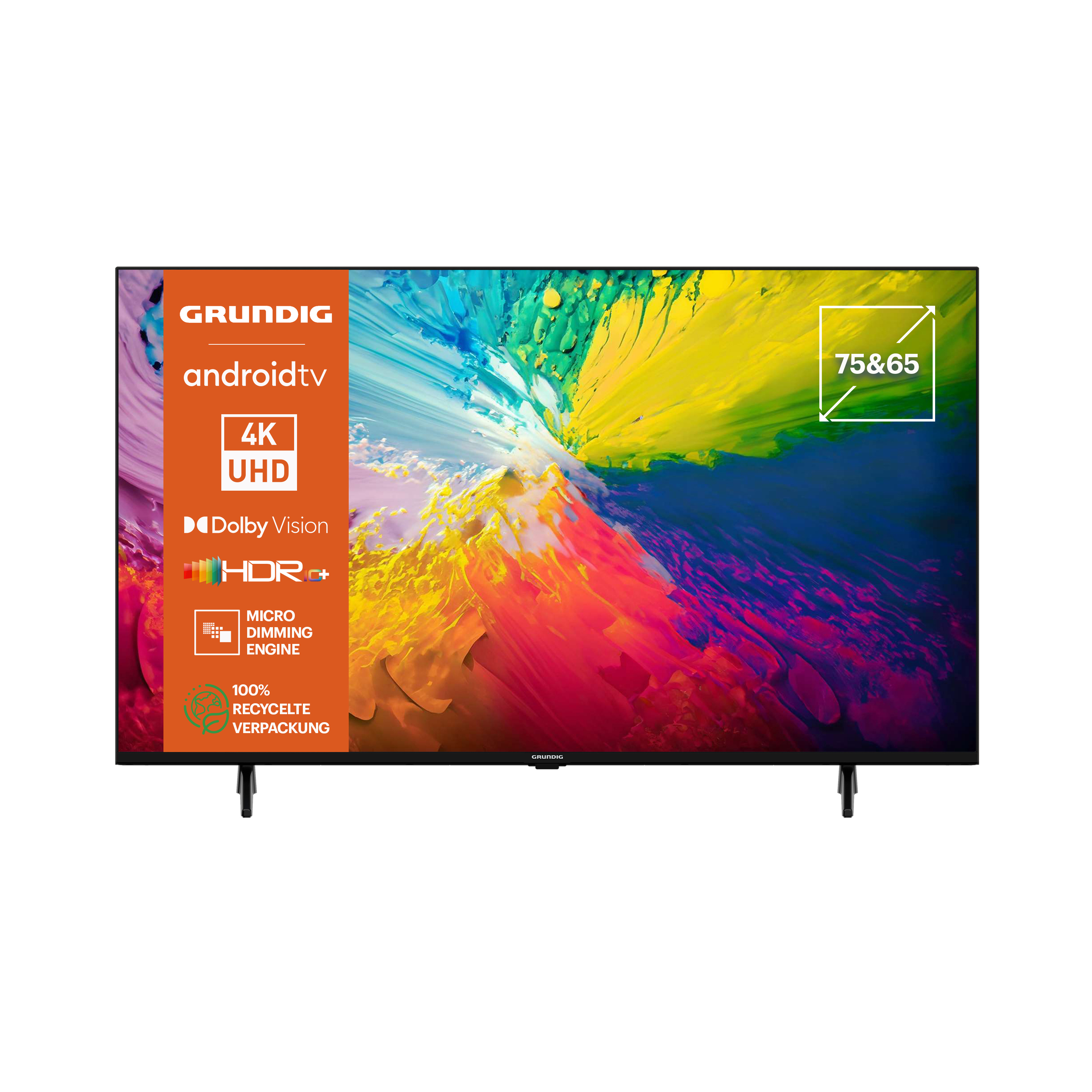 Ein Grundig Android TV. Schwarzer Bildschirm mit farbenfrohem Design, der Fernseher steht auf weißem Hintergrund.