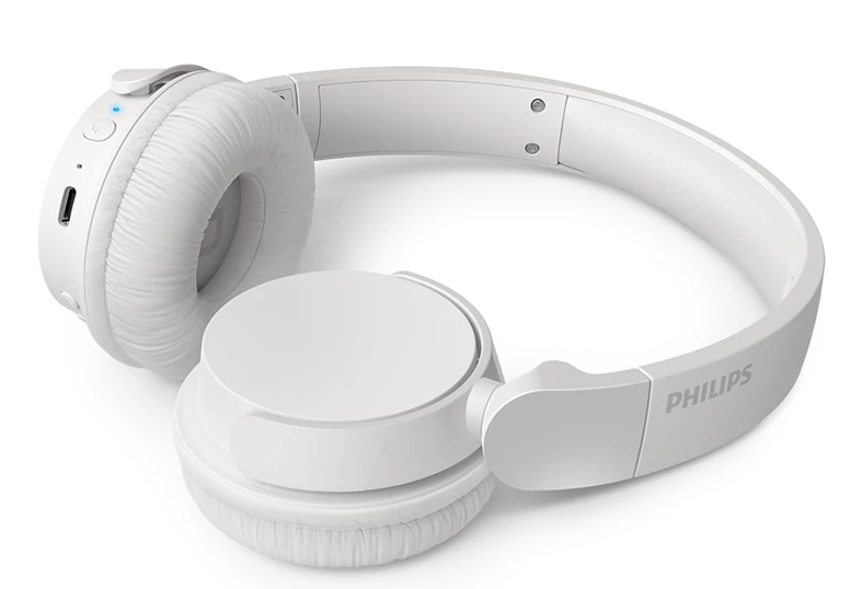 Białe słuchawki Philips, widok z boku, z widocznym logo.