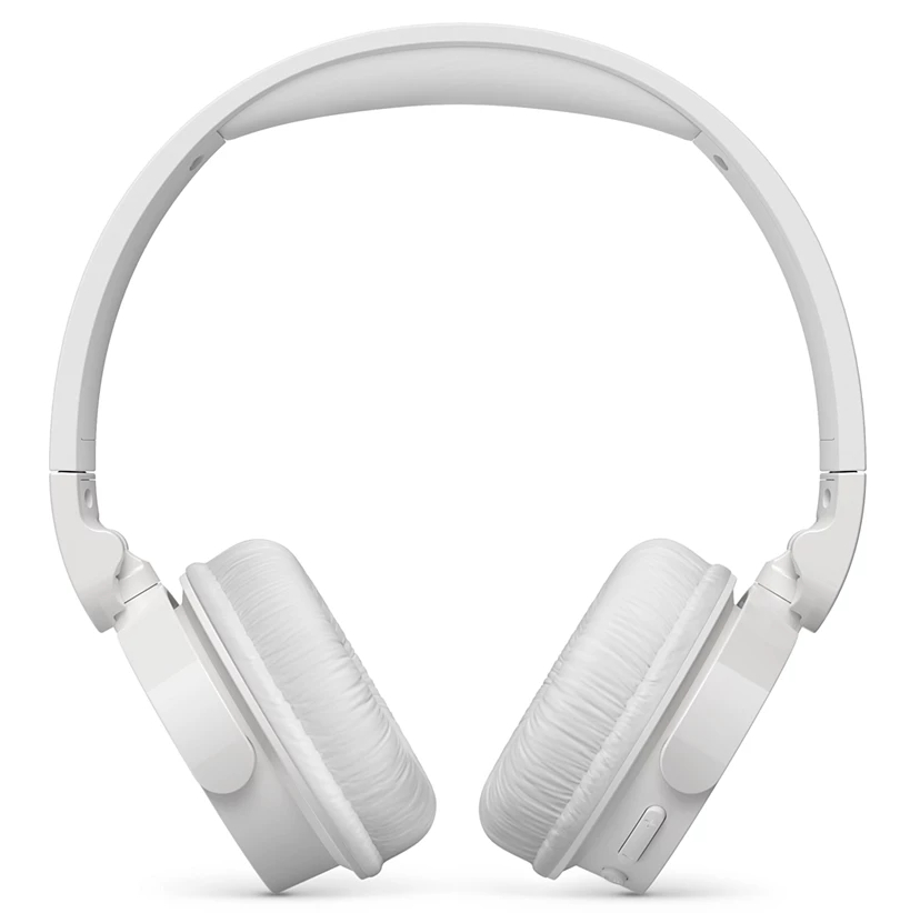 Białe słuchawki z nausznicami i pałąkiem, widok z przodu.