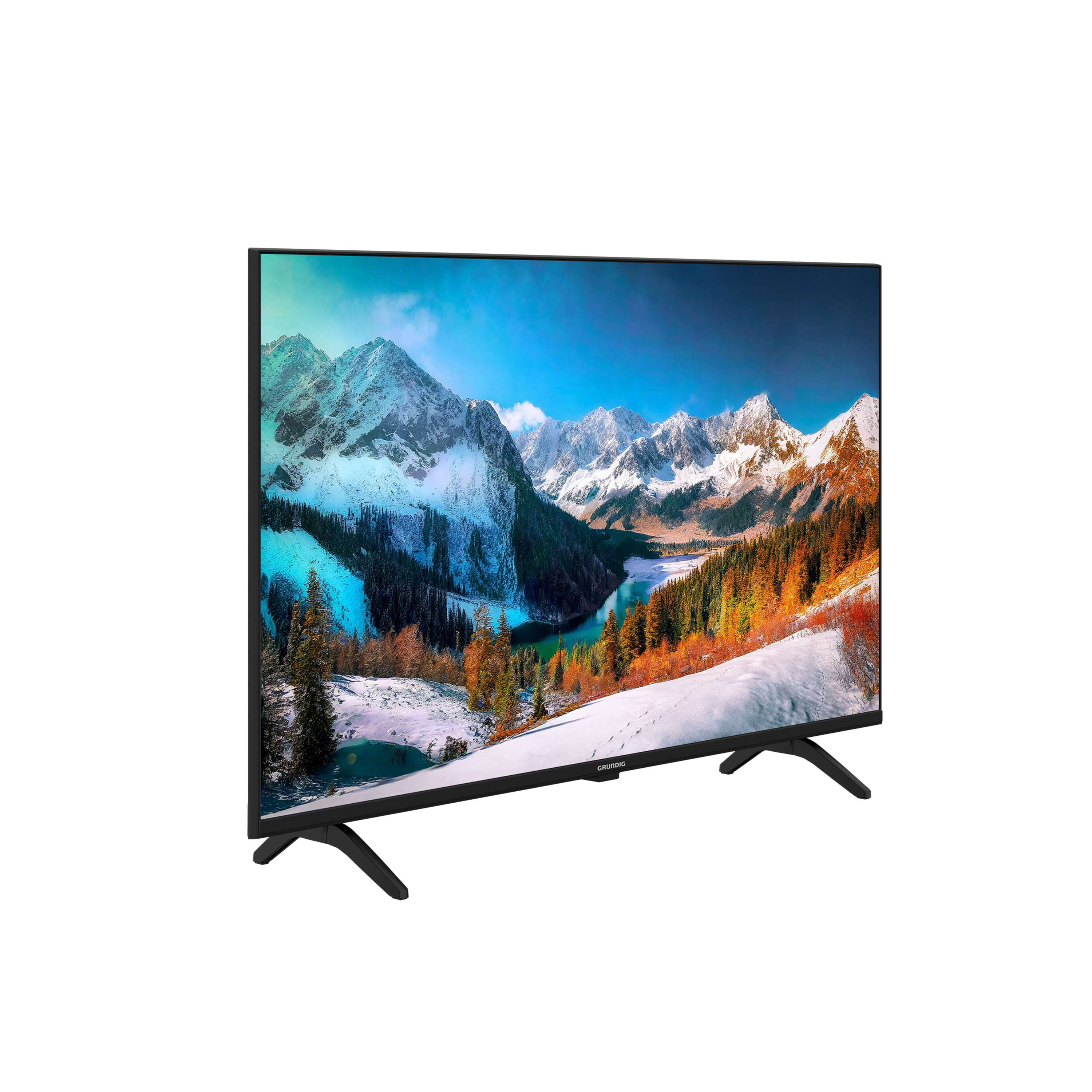 Großer Fernseher, Bergsee-Szene auf dem Bildschirm, schwarzer Rahmen und Beine, weißer Hintergrund.